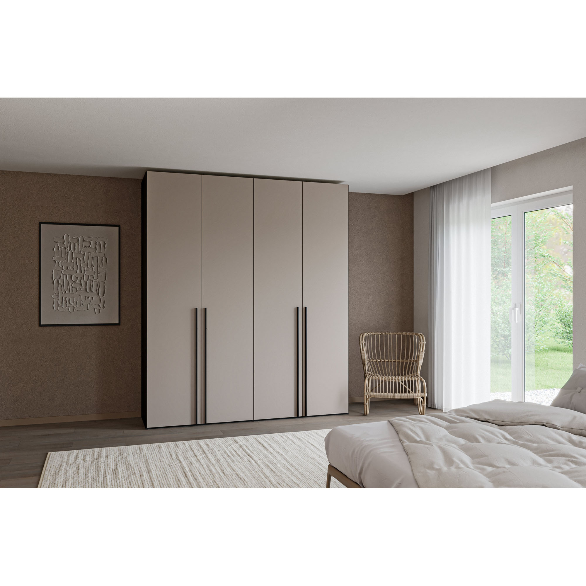 Viertüriger Kleiderschrank mit geschlossenen Türen in einem Schlafzimmer neben einem Bett und einem Fenster