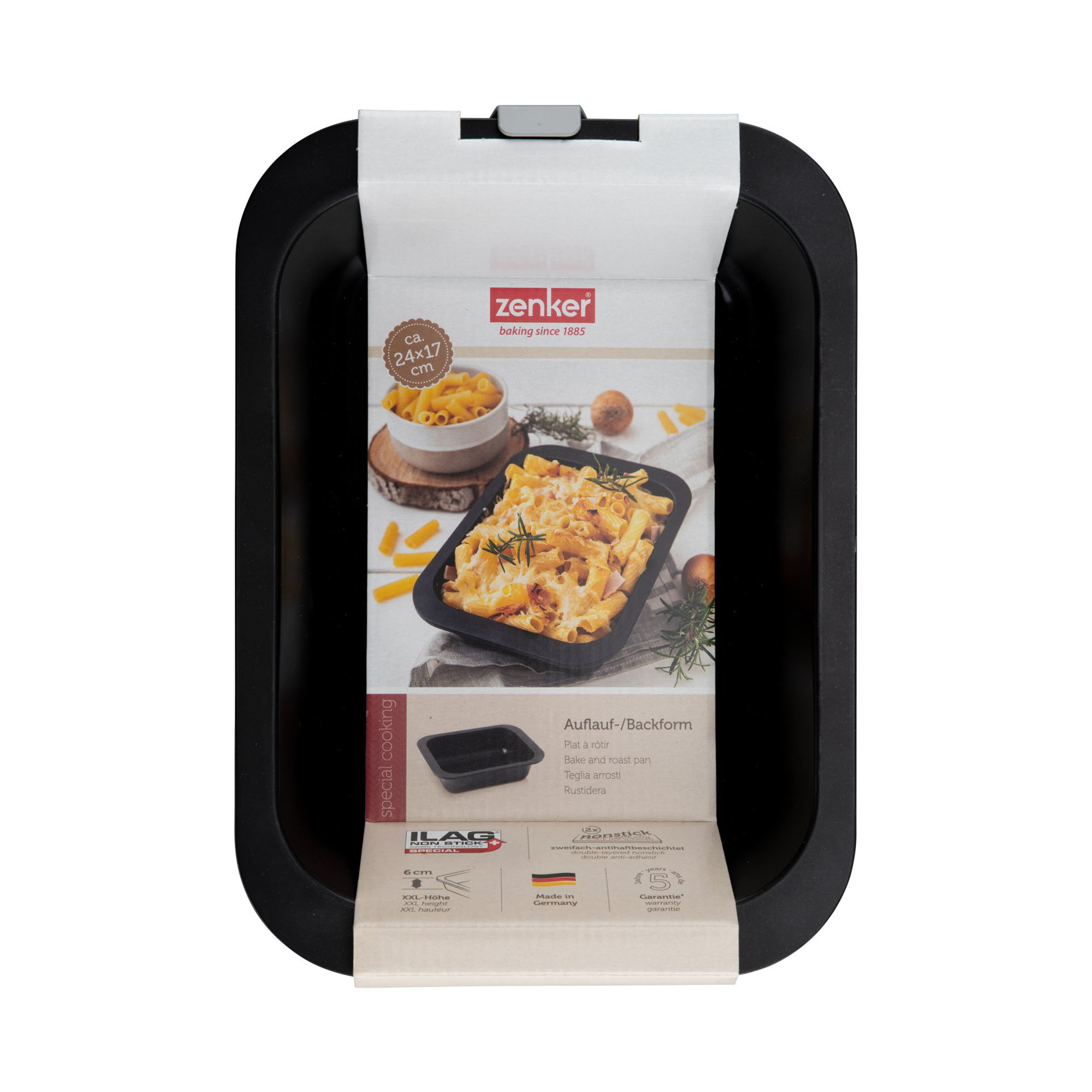 Auflaufform mit Verpackungseinleger und abgebildetem Nudelauflauf als Serviervorschlag