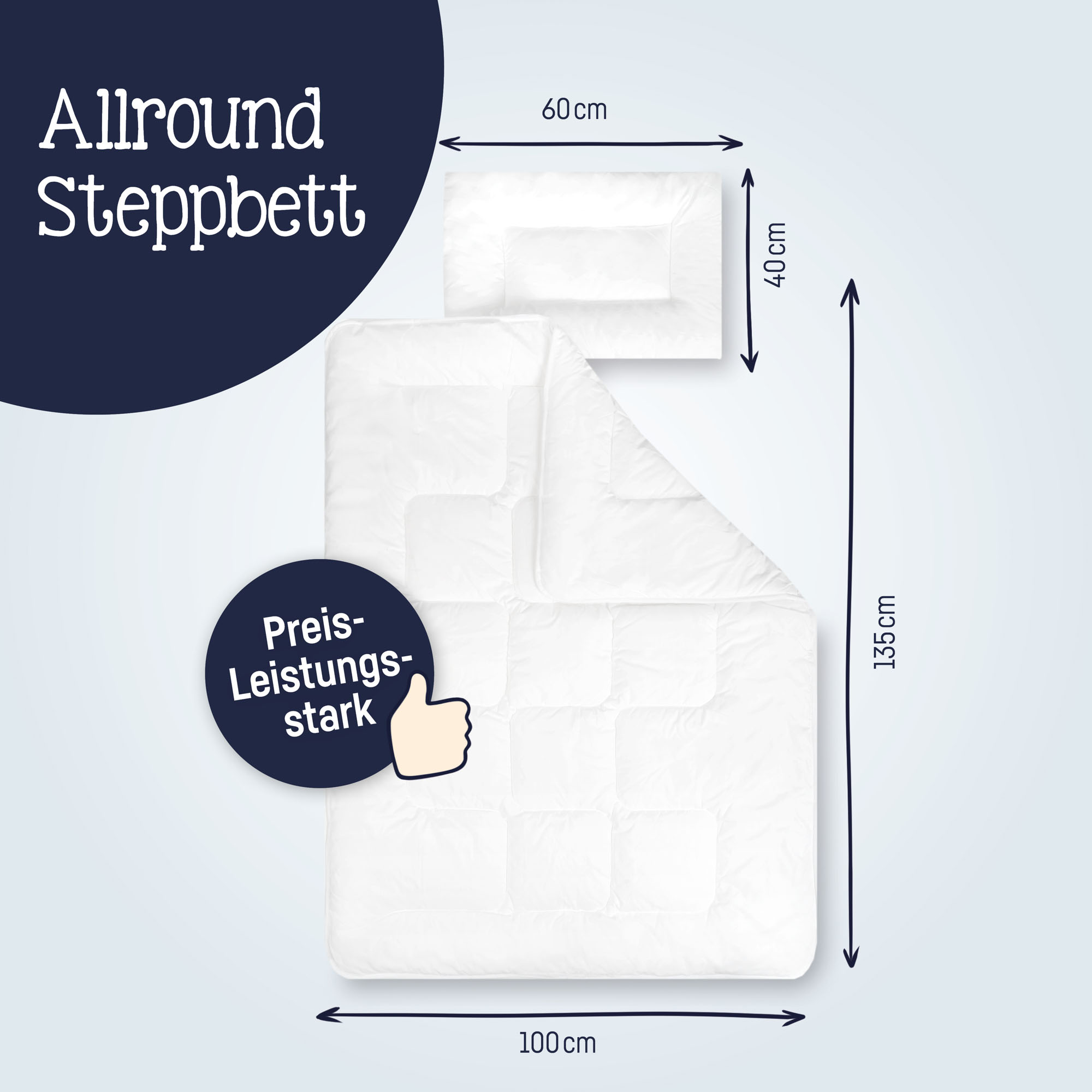 Grafik eines weißen Steppbett-Sets mit Maßangaben für Decke und Kissen