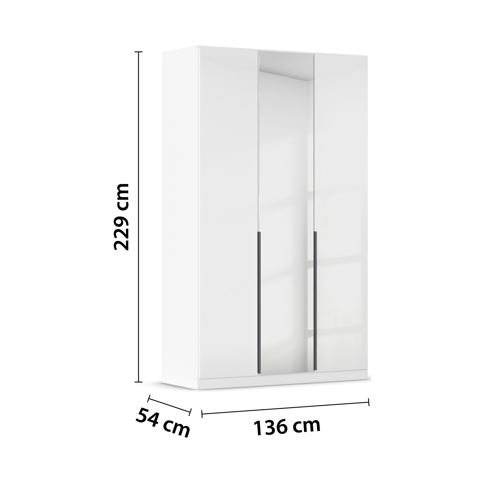 Drehtürenschrank in Weiß Hochglanz mit drei Türen und Spiegeltür, inklusive Maßangaben 136 cm Breite, 229 cm Höhe und 54 cm Tiefe