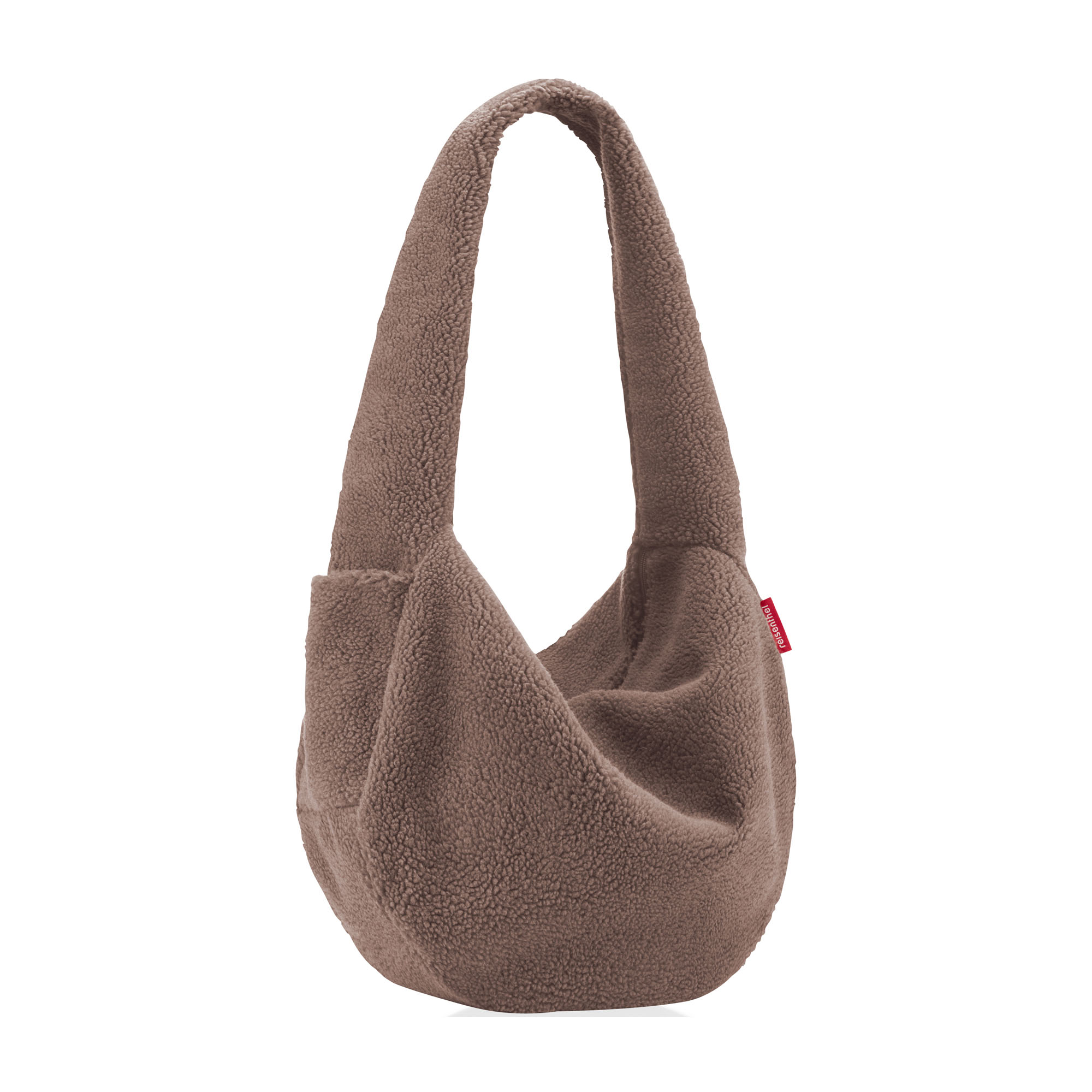 Schultertasche von Reisenthel, Modell Moonbag, in Schokoladenbraun aus Teddyfleece, von hinten mit breitem Schulterhenkel