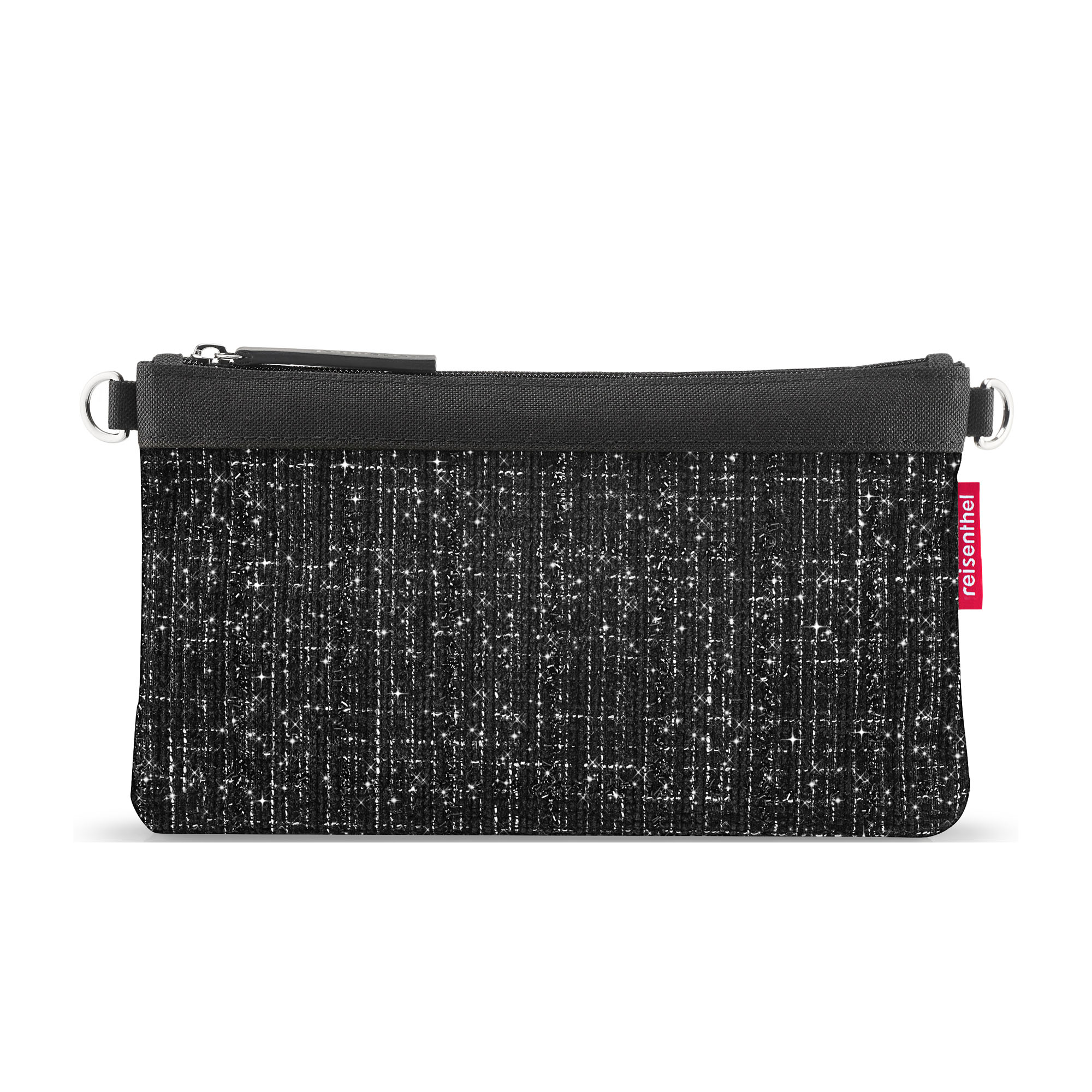 Kleine Umhängetasche von Reisenthel, Modell Mini Pouch, in Schwarz mit Bouclé-Struktur, frontal mit geschlossenem Reißverschluss