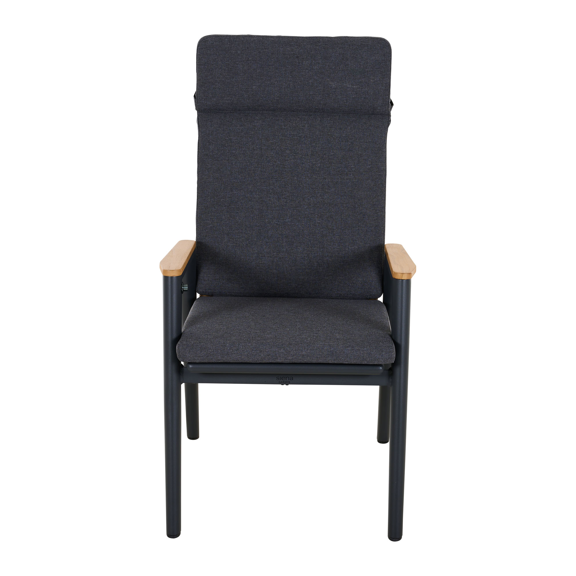 Dunkelgrauer Gartenstuhl mit hoher Rückenlehne und Holzarmlehnen, frontal aufgenommen