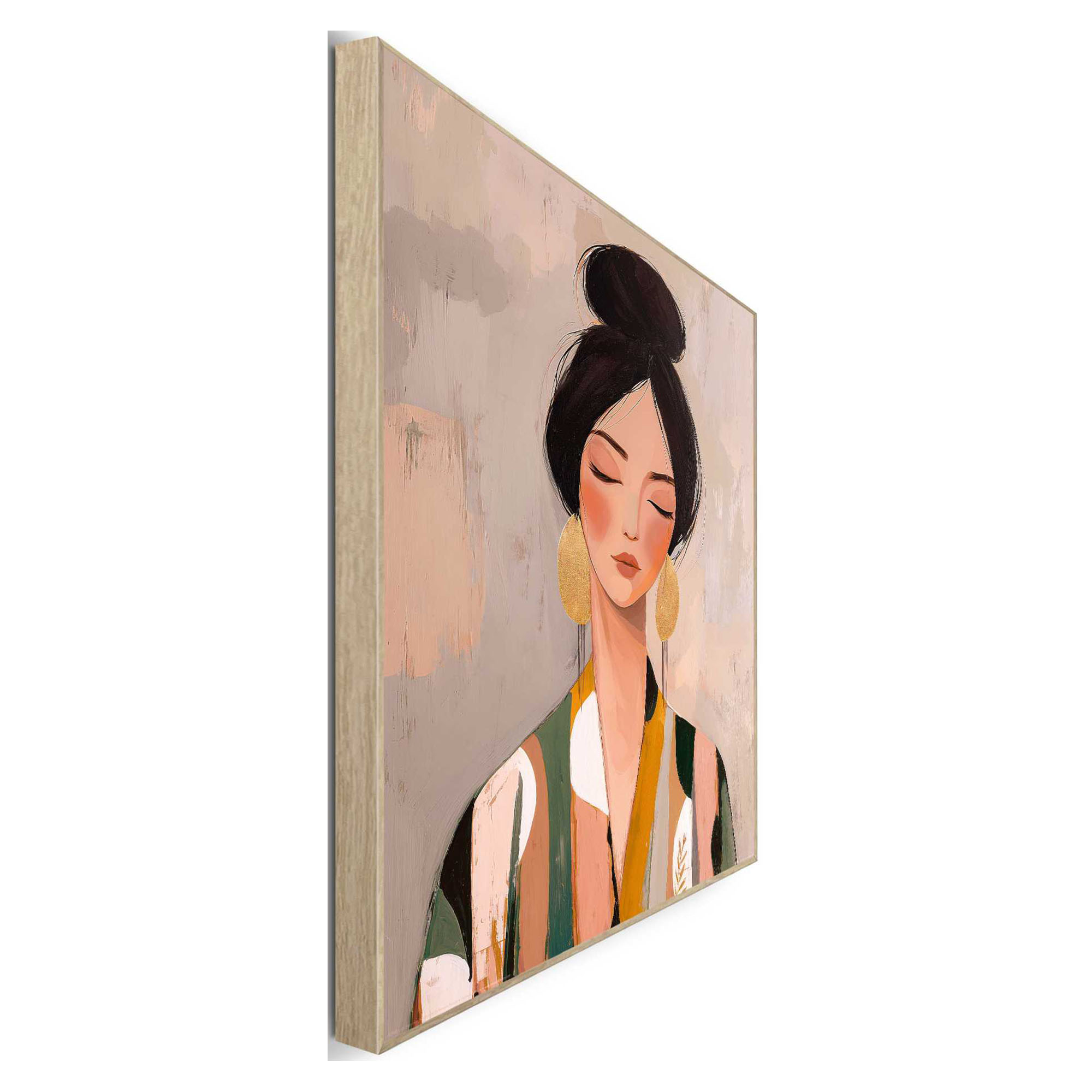 Seitliche Schrägansicht des Wandbilds „Lady Happiness“, 50 × 40 cm; Profil, Kante und Tiefe des Bildes sind erkennbar.