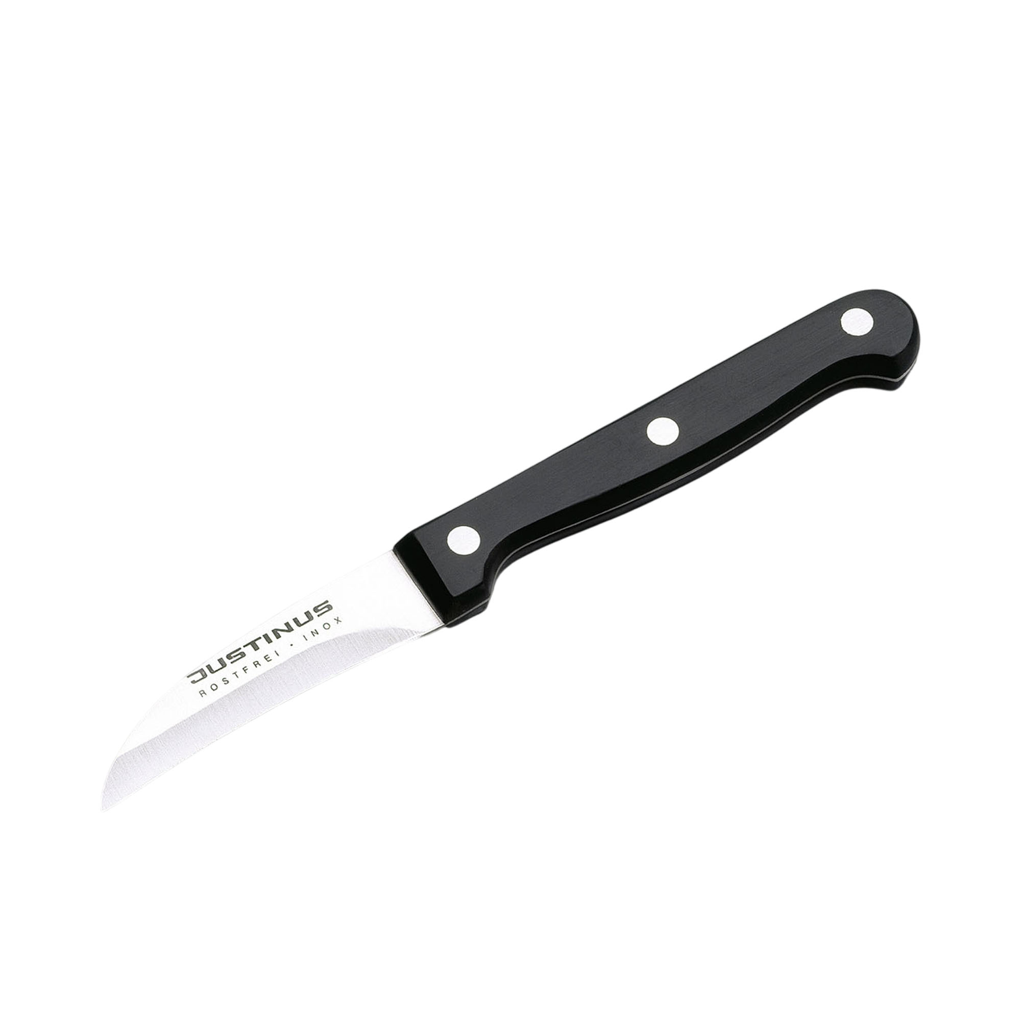 Küchenmesser, gebogen Küchenchef: gebogenes Küchenmesser mit schmaler heller Klinge und schwarzem dreifach vernietetem Griff.
