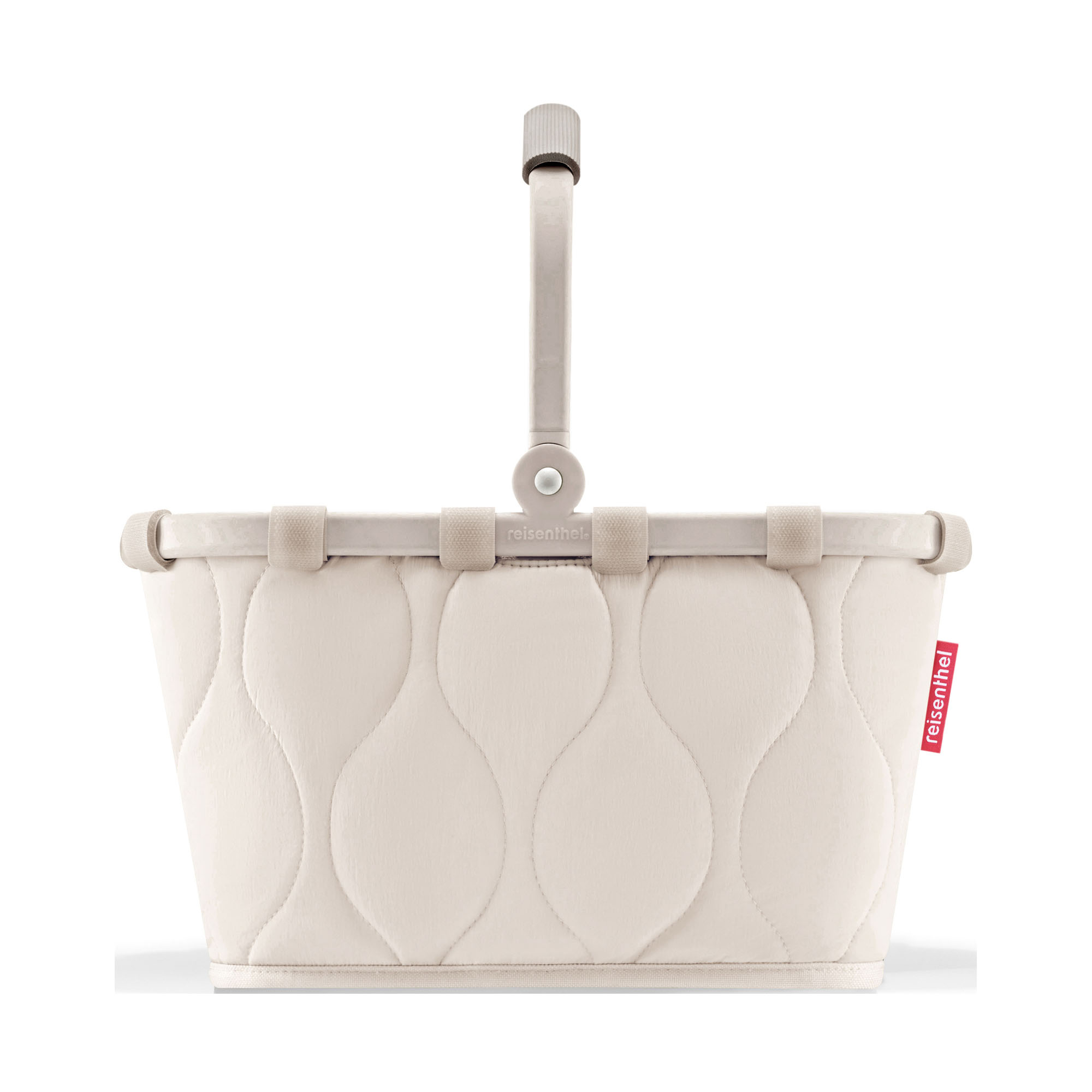 Kleiner Einkaufskorb von Reisenthel, Modell Carrybag XS, in hellem Steinbeige mit Steppstruktur, von hinten mit hochgestelltem Tragegriff