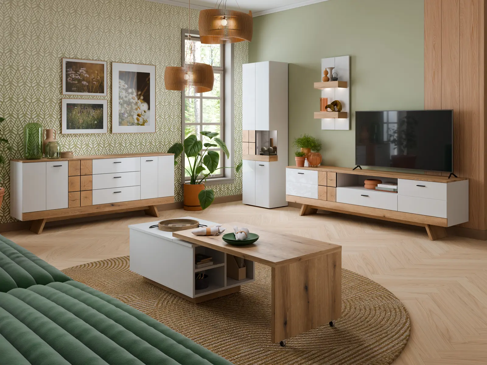 Stilvoll eingerichtetes Wohnzimmer mit Wohnwand in Weiß und Eicheoptik bestehend aus TV-Lowboard, Vitrine, Sideboard, Wandregal und Couchtisch im skandinavischen Design1