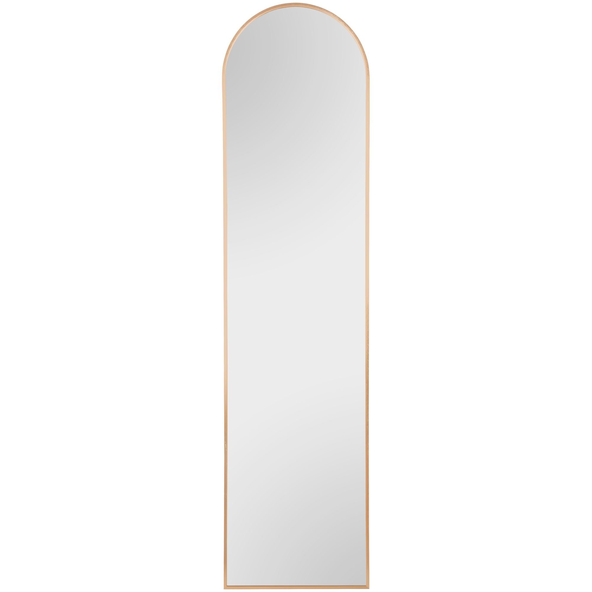 Standspiegel Britt in Gold, freigestellt in einer zweiten Gesamtansicht; zu sehen ist die hohe, schmale Form mit bogenförmig gerundetem oberen Abschluss und Standfuß; Maße ca. 40 x 160 x 4 cm.