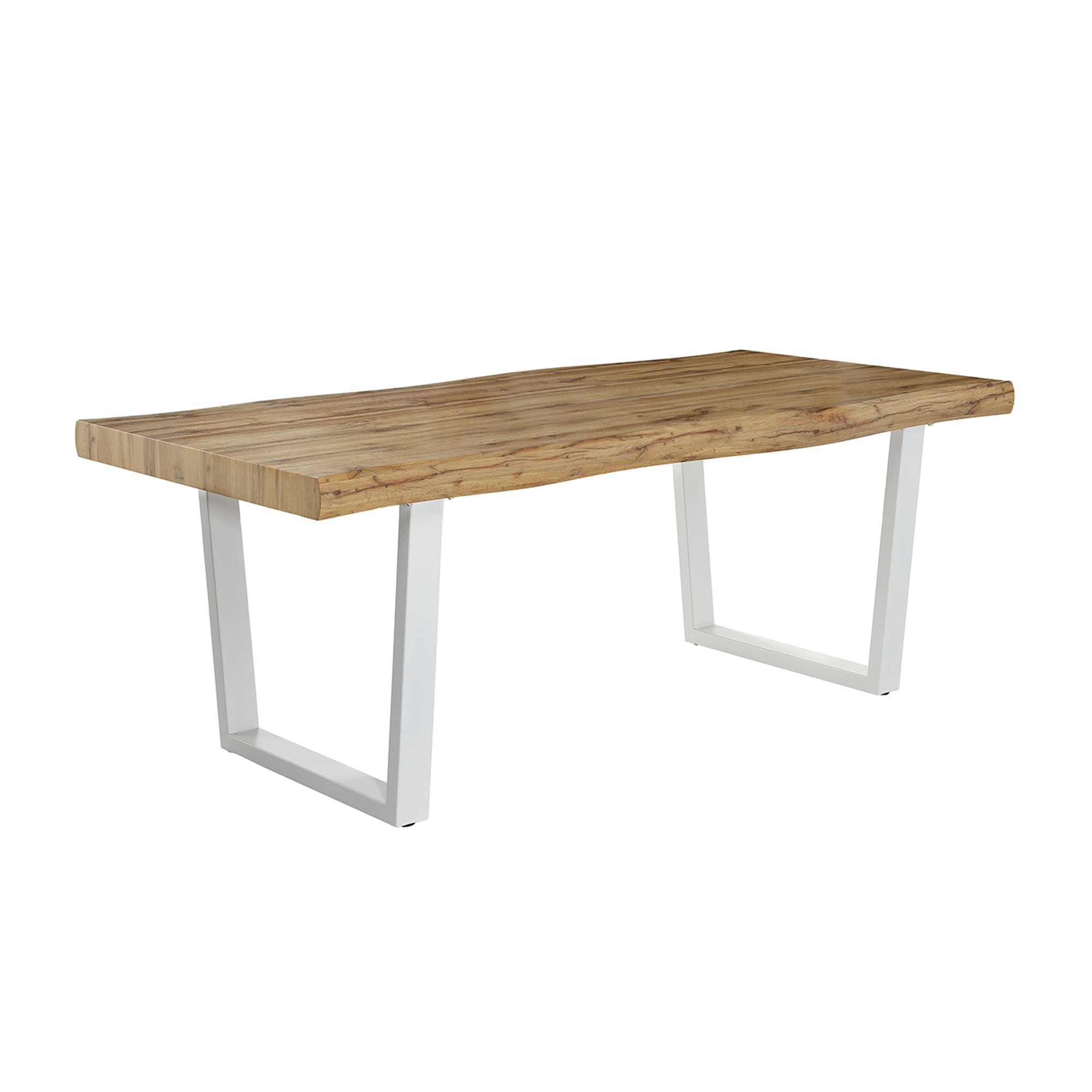 Moderner Esstisch mit massiver Holzplatte und weiß lackierten Metallbeinen in U-Form.