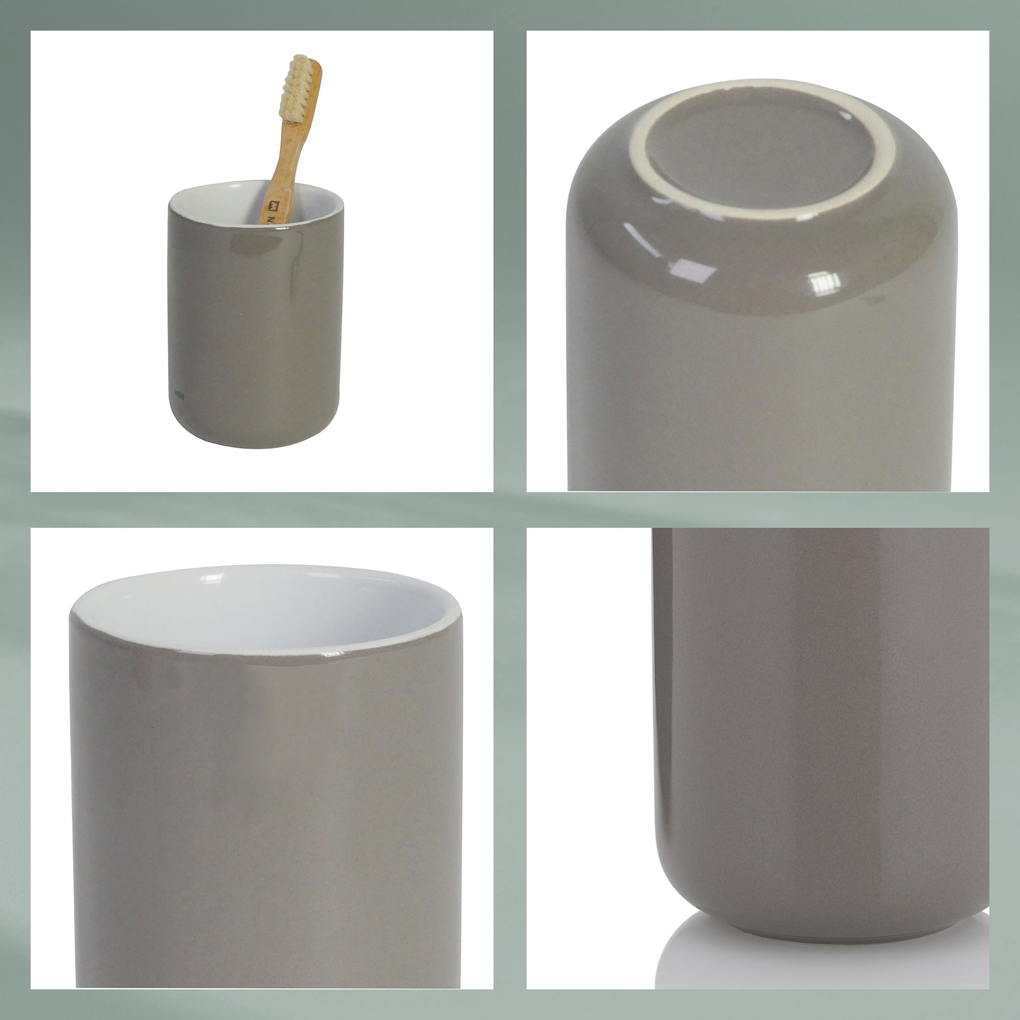 Collage mit Zahnbürste im Becher Öffnung Unterseite und Seitenansicht des Bechers in Cashmerebraun