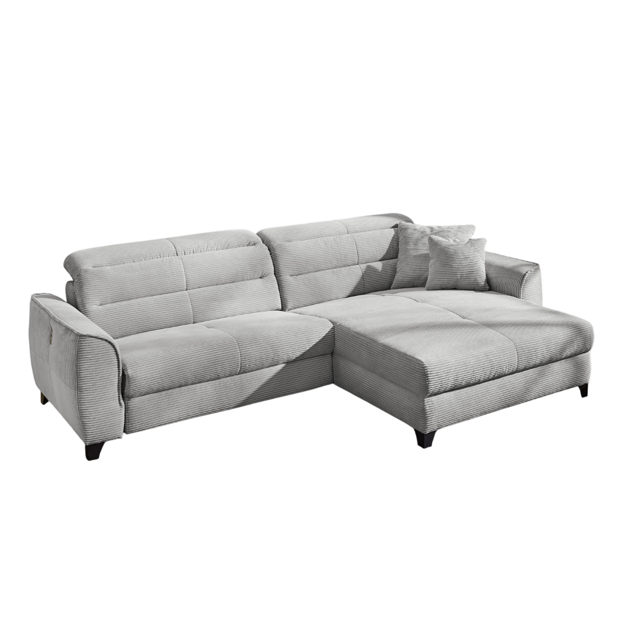 Wohnlandschaft aus hellgrauem Cord mit Ottomane, moderne Ecksofa-Ausführung im Wohnzimmer.