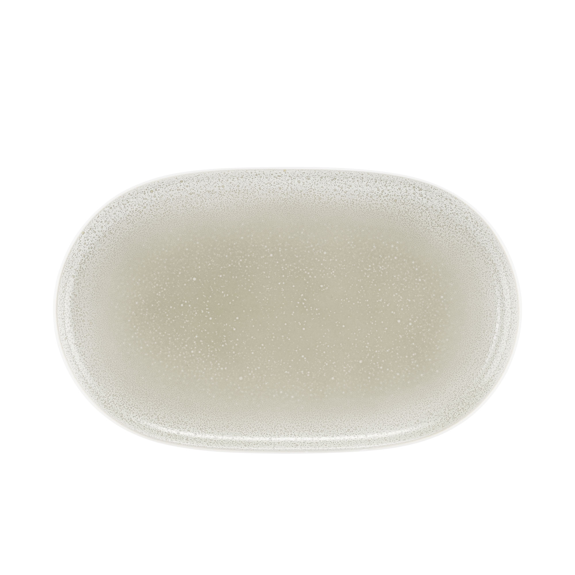 Servierplatte in Grau-Beige; kleine ovale Form mit feiner Sprenkelung. Ansicht: Draufsicht.