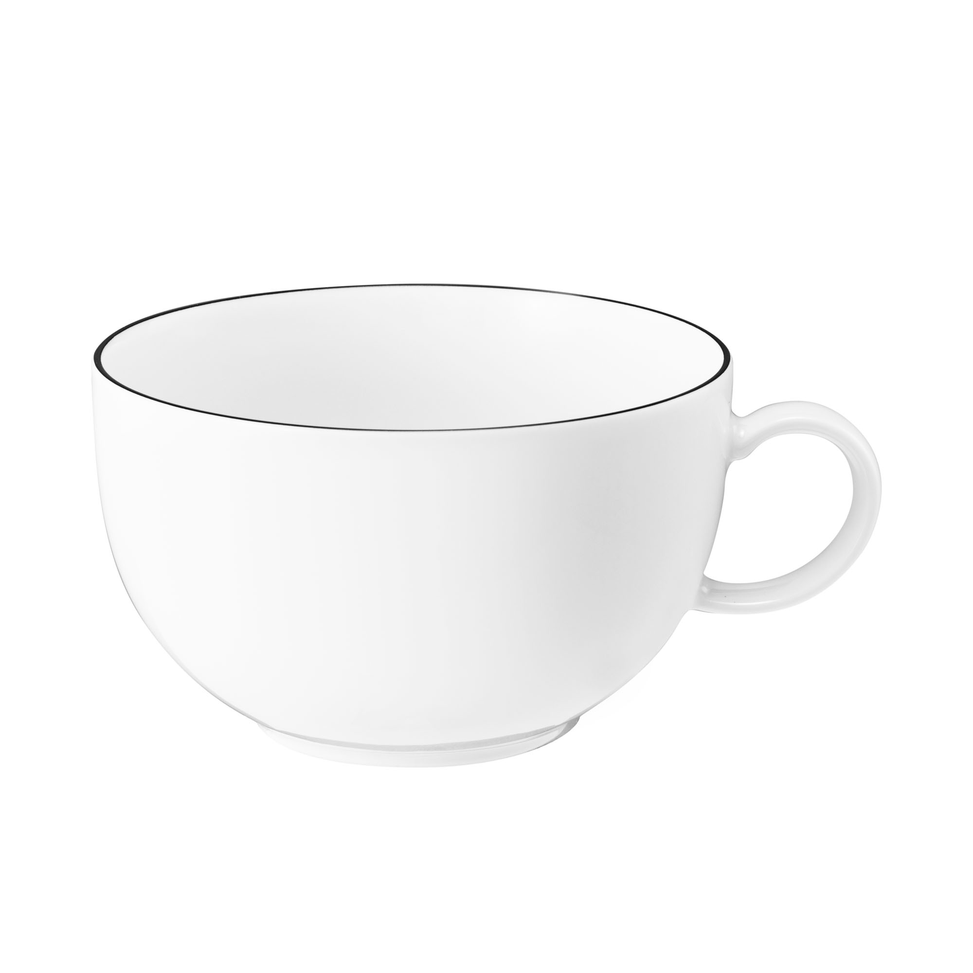 Tasse in Weiß mit schwarzer Randlinie. Sichtbare Merkmale: breite niedrige Form mit Henkel. Darstellung: Seitenansicht.