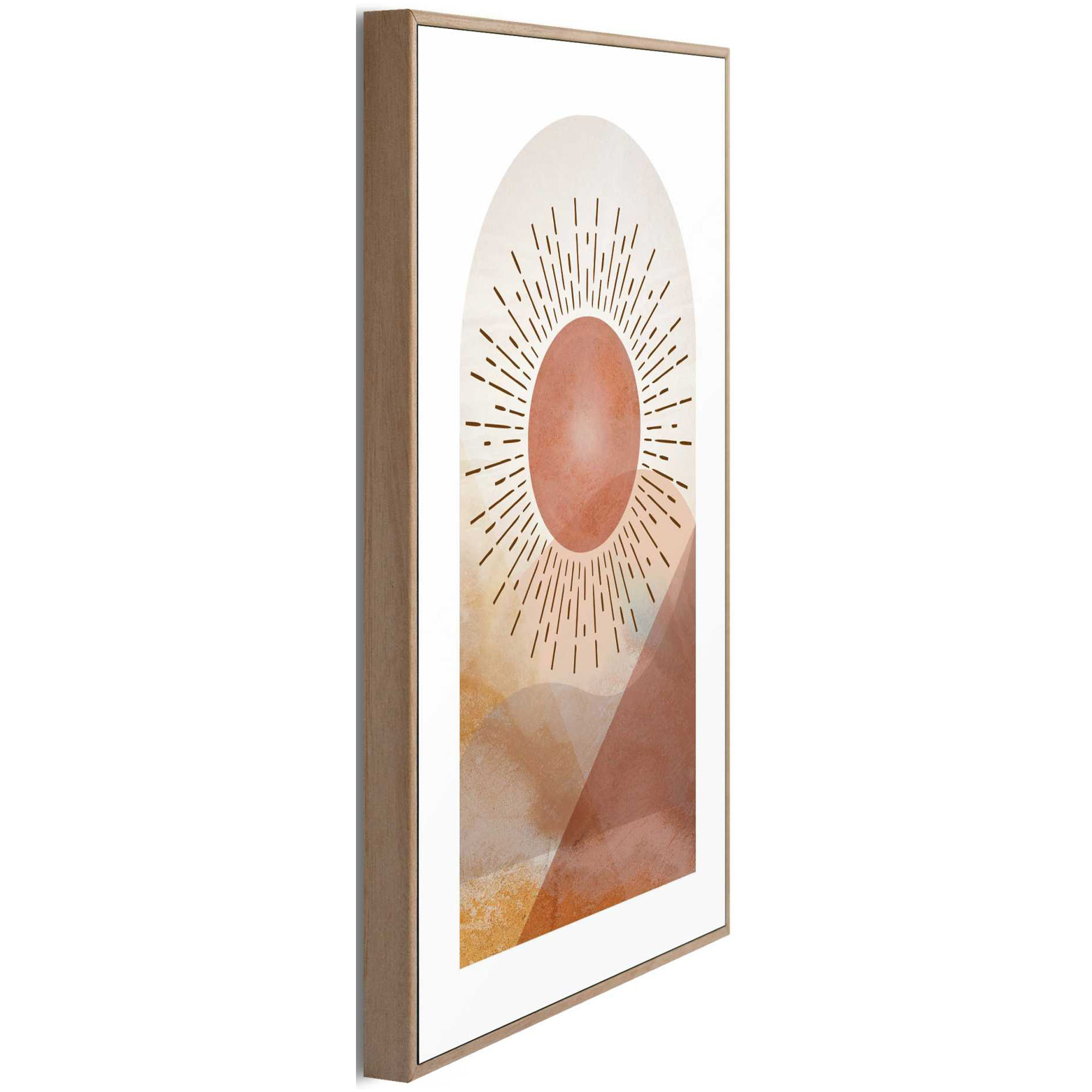 Seitliche Schrägansicht des Wandbilds „Abstract Sun“, 20 × 30 cm; Profil, Kante und Tiefe des Bildes sind erkennbar.