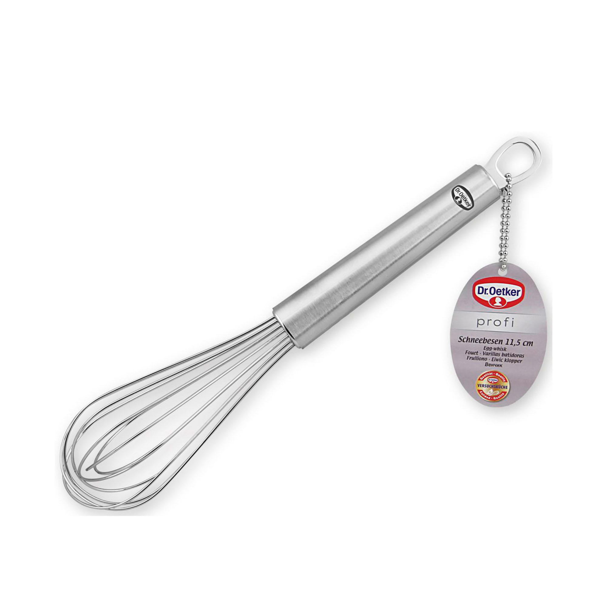 Kleiner Edelstahl Schneebesen mit Produktanhänger von Dr Oetker
