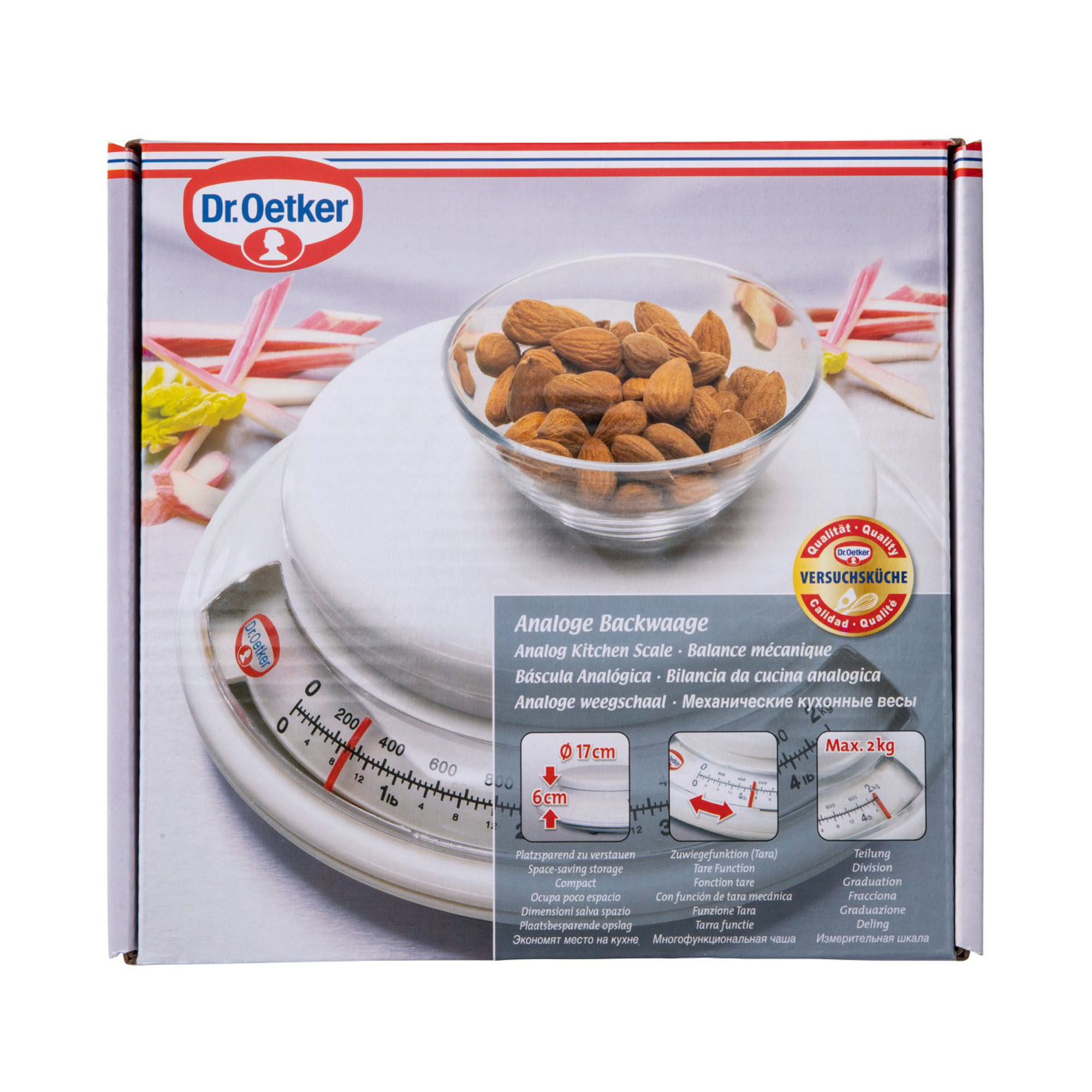 Verpackung der Küchenwaage mit Produktbild und Angaben zu Funktionen