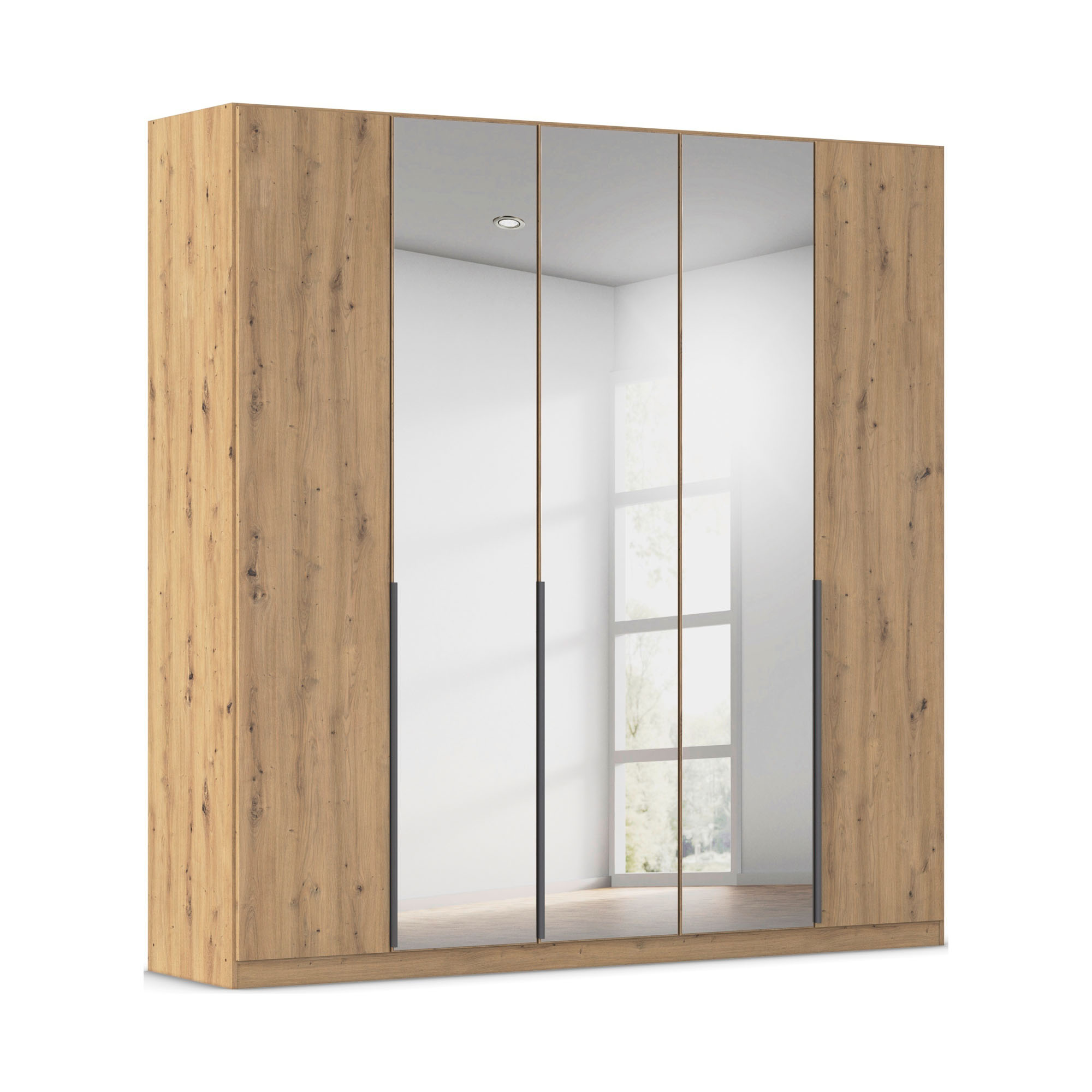 Drehtürenschrank 4-türig 2 Spiegeltüren Spiegel/Glas teilaufgelegt Dekor-Druck Eiche Artisan