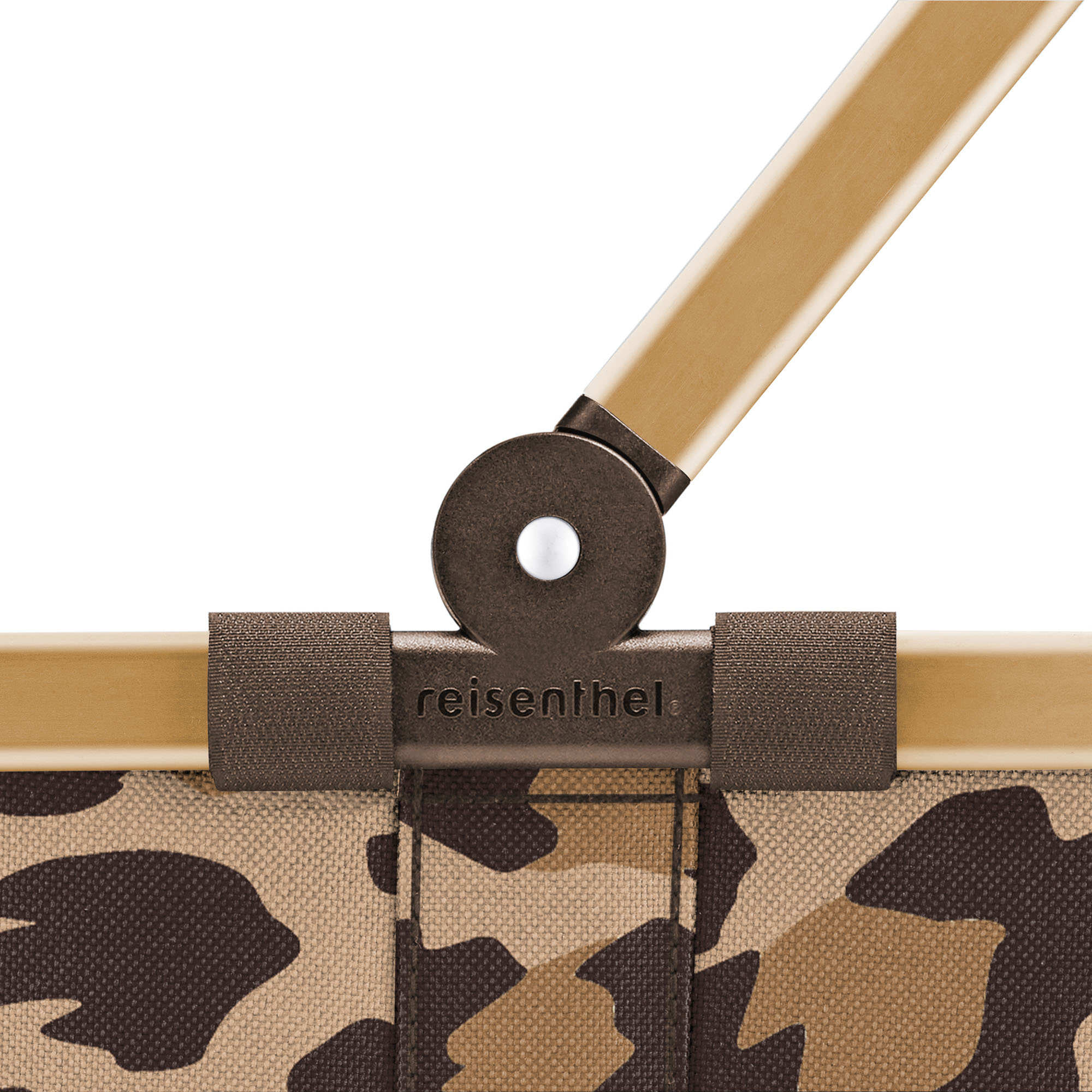 Detailansicht des Reisenthel Carrybag Griffs mit Leo-Muster und Reisenthel Logo