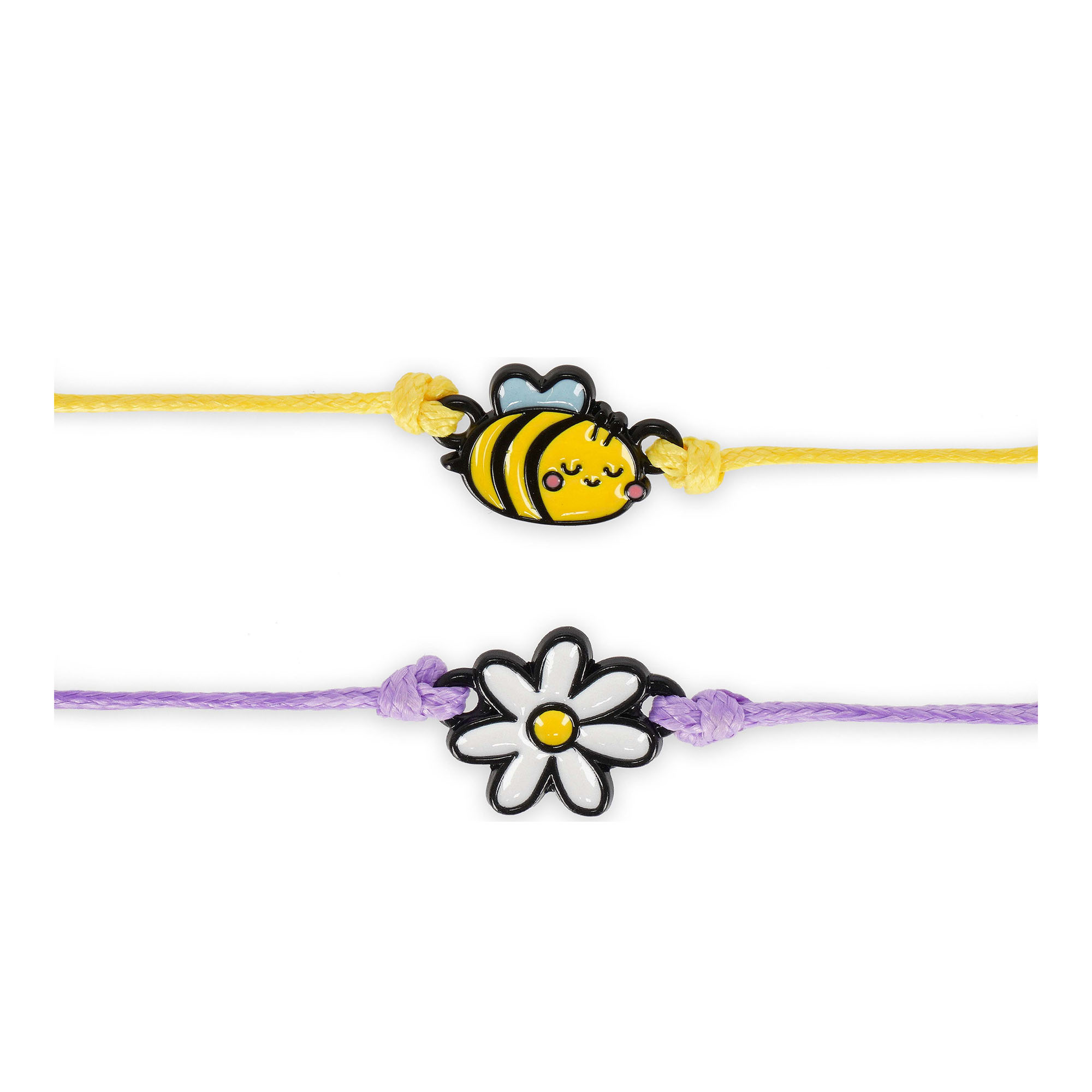 Zwei Armbänder mit Bienen- und Blumenanhänger, mit beiden Armbändern und gut sichtbaren Anhängern waagerecht angeordnet.