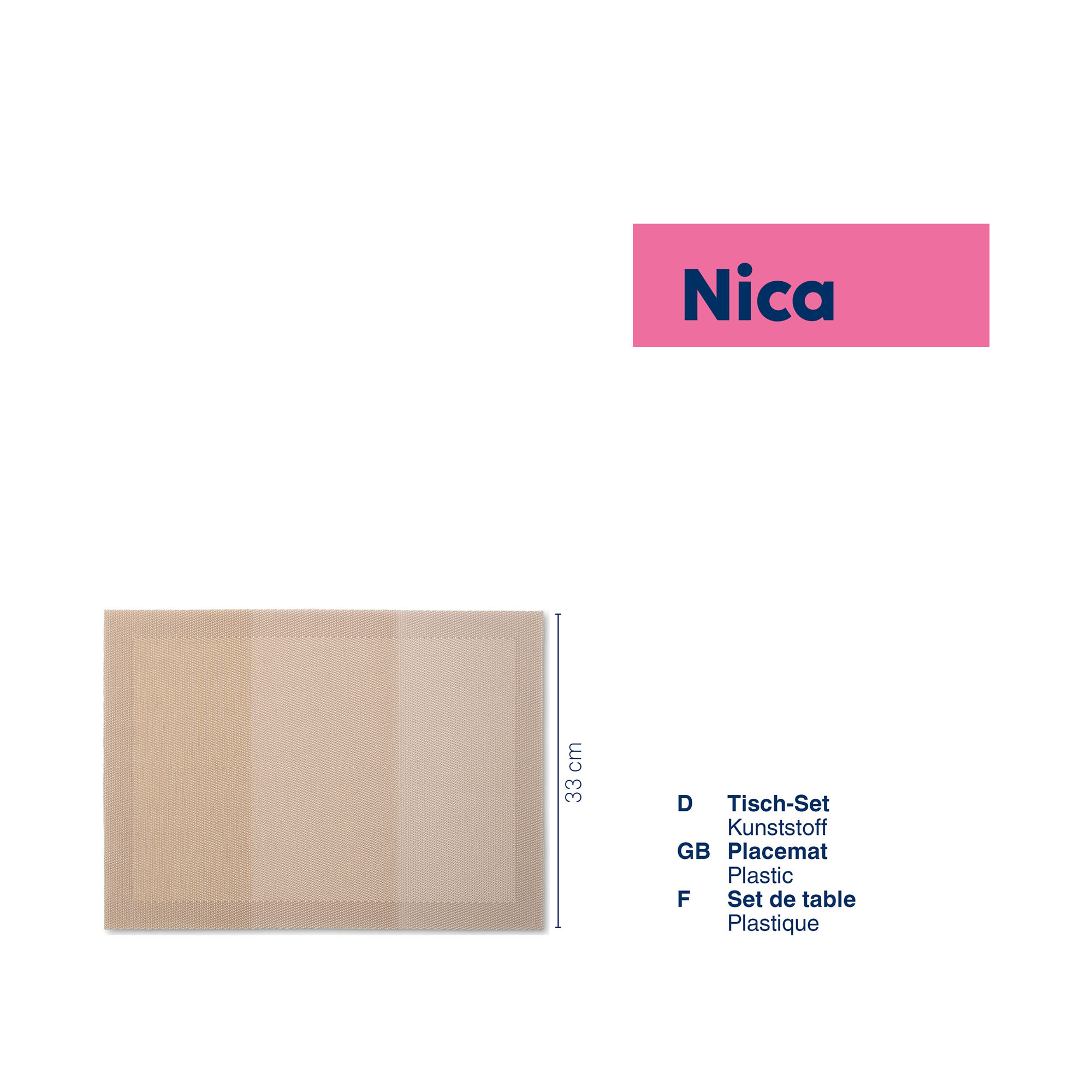 Tischset in Beige neben einer Übersicht mit Angaben zu Material und Pflege