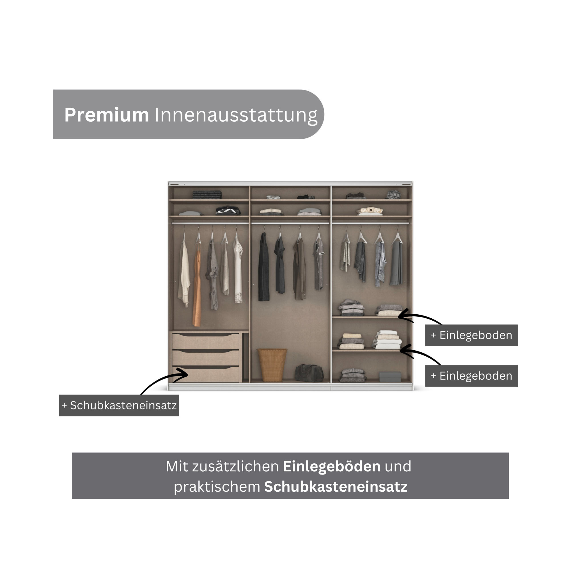 Innenansicht eines Kleiderschranks mit Kleiderstangen, Einlegeböden und integriertem Schubkasteneinsatz