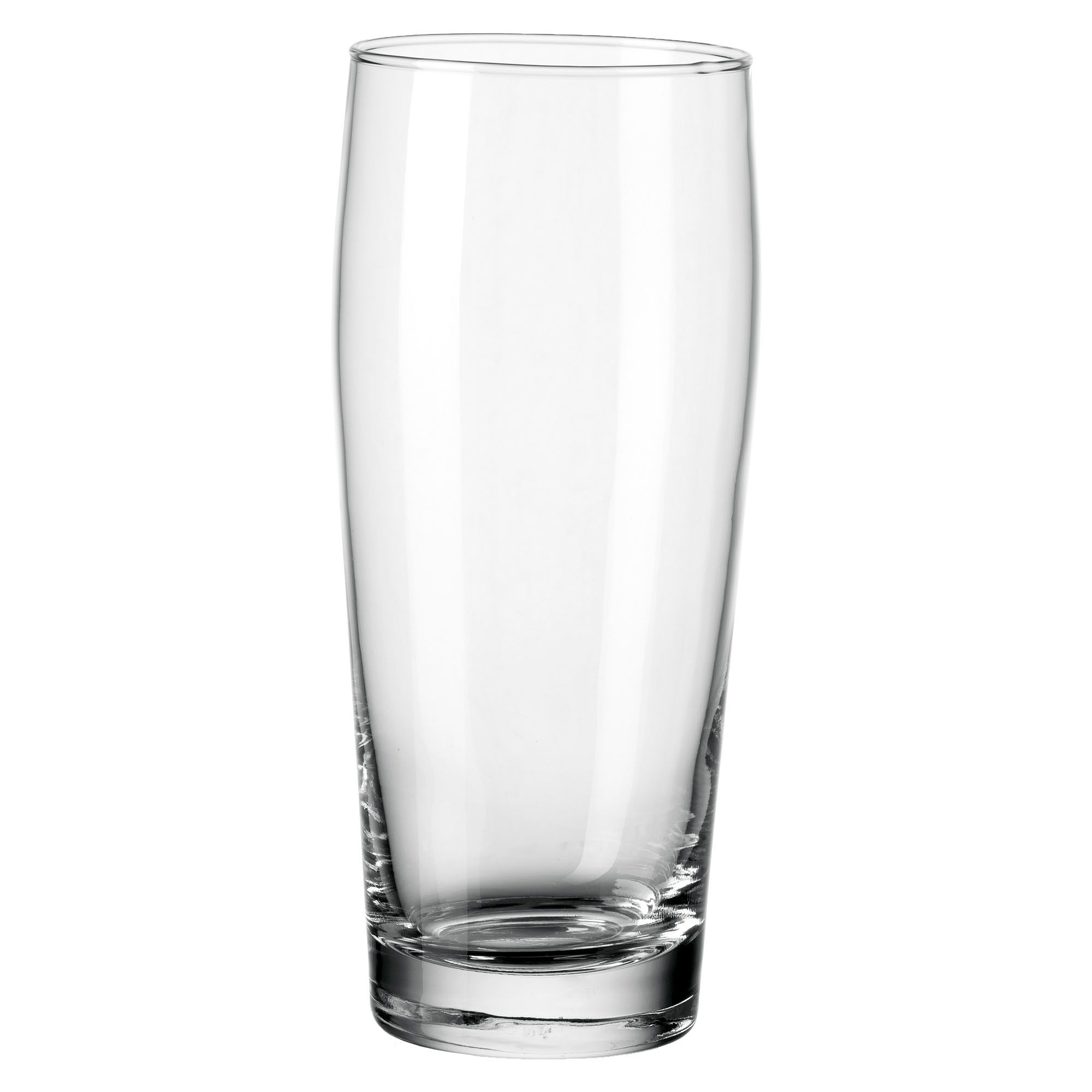 Hohes schlankes Trinkglas aus klarem Glas mit stabilem Boden freigestellt