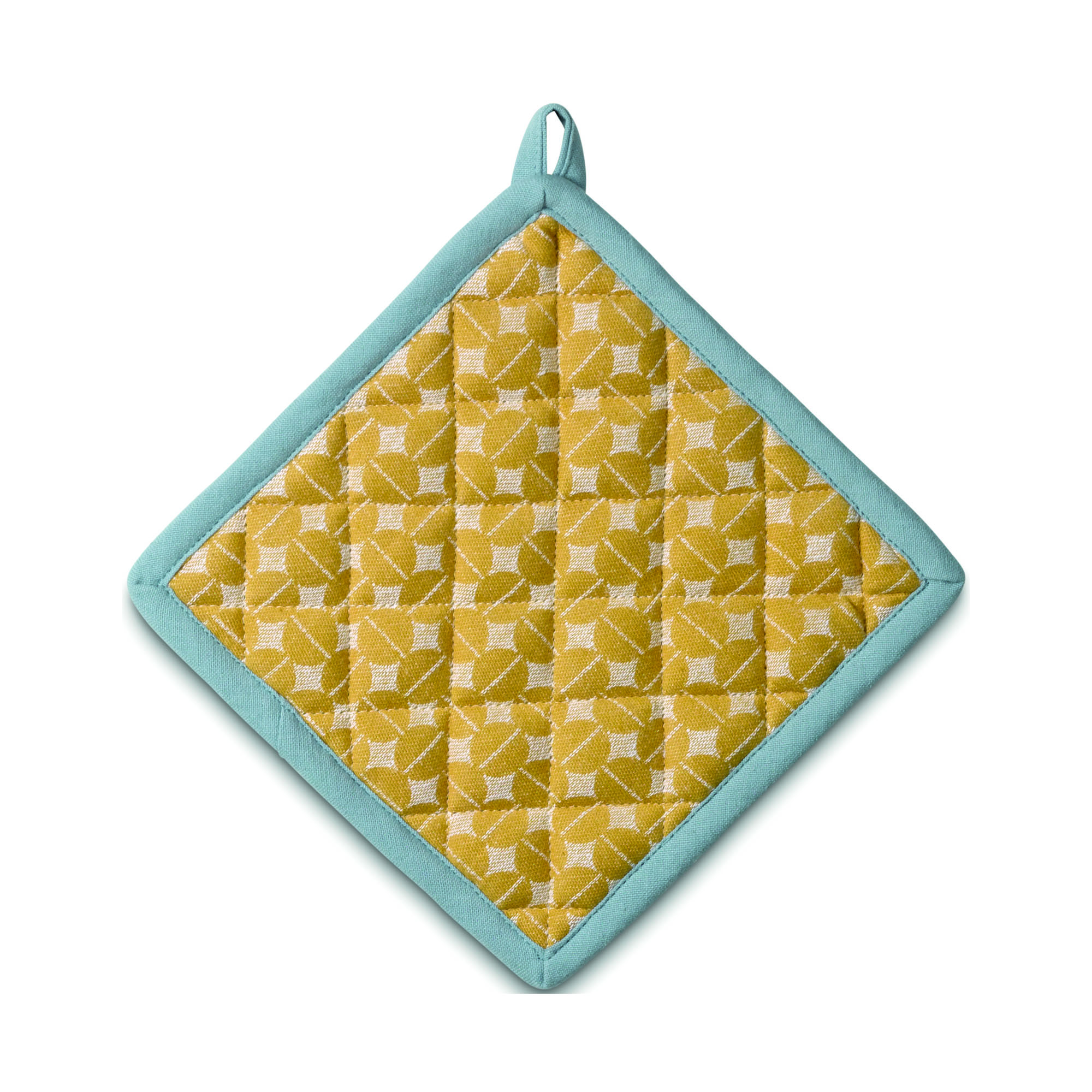 Quadratischer gesteppter Topflappen in Gelb mit türkisfarbenem Rand und Aufhängeschlaufe