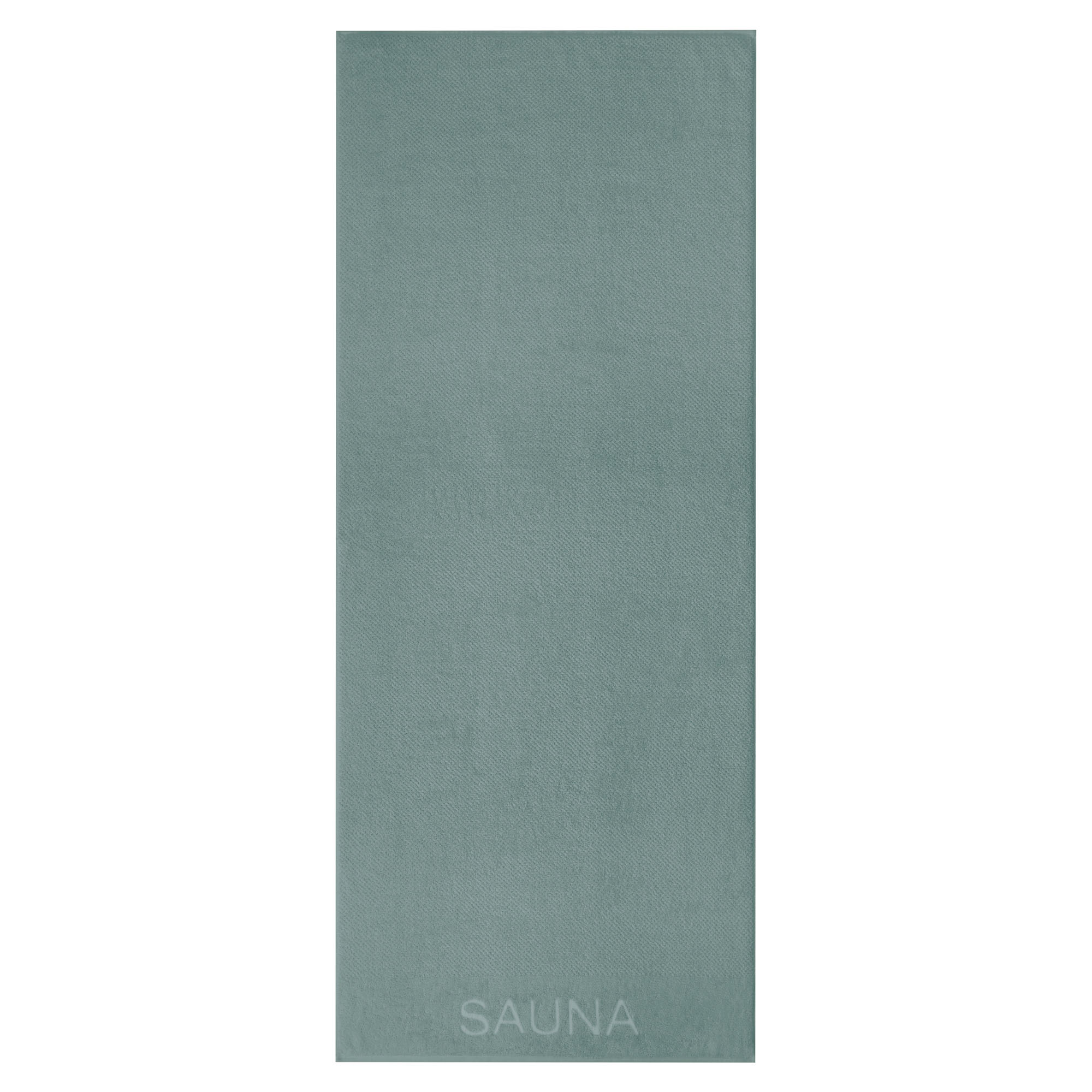 Langes Saunatuch der Serie Pure in gedecktem Grün, unten mit eingewebtem Schriftzug „SAUNA“.