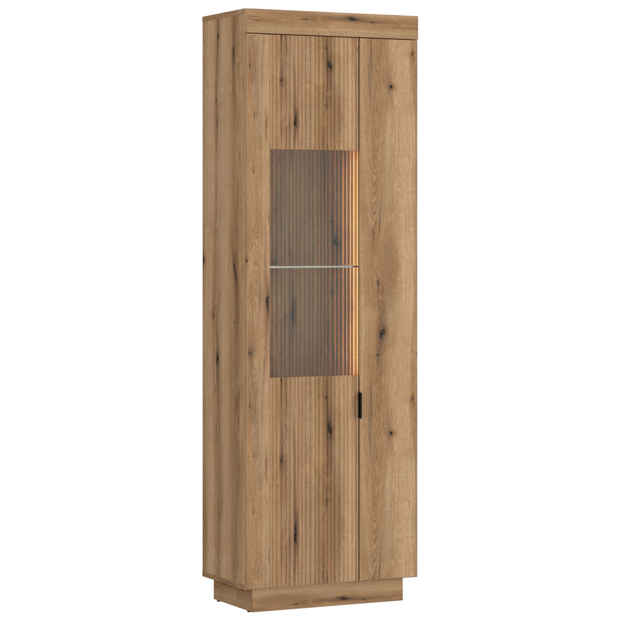 Hohe Vitrine Delamar in Eiche Artisan mit Glaseinsatz, Lamellenoptik und integrierter Beleuchtung