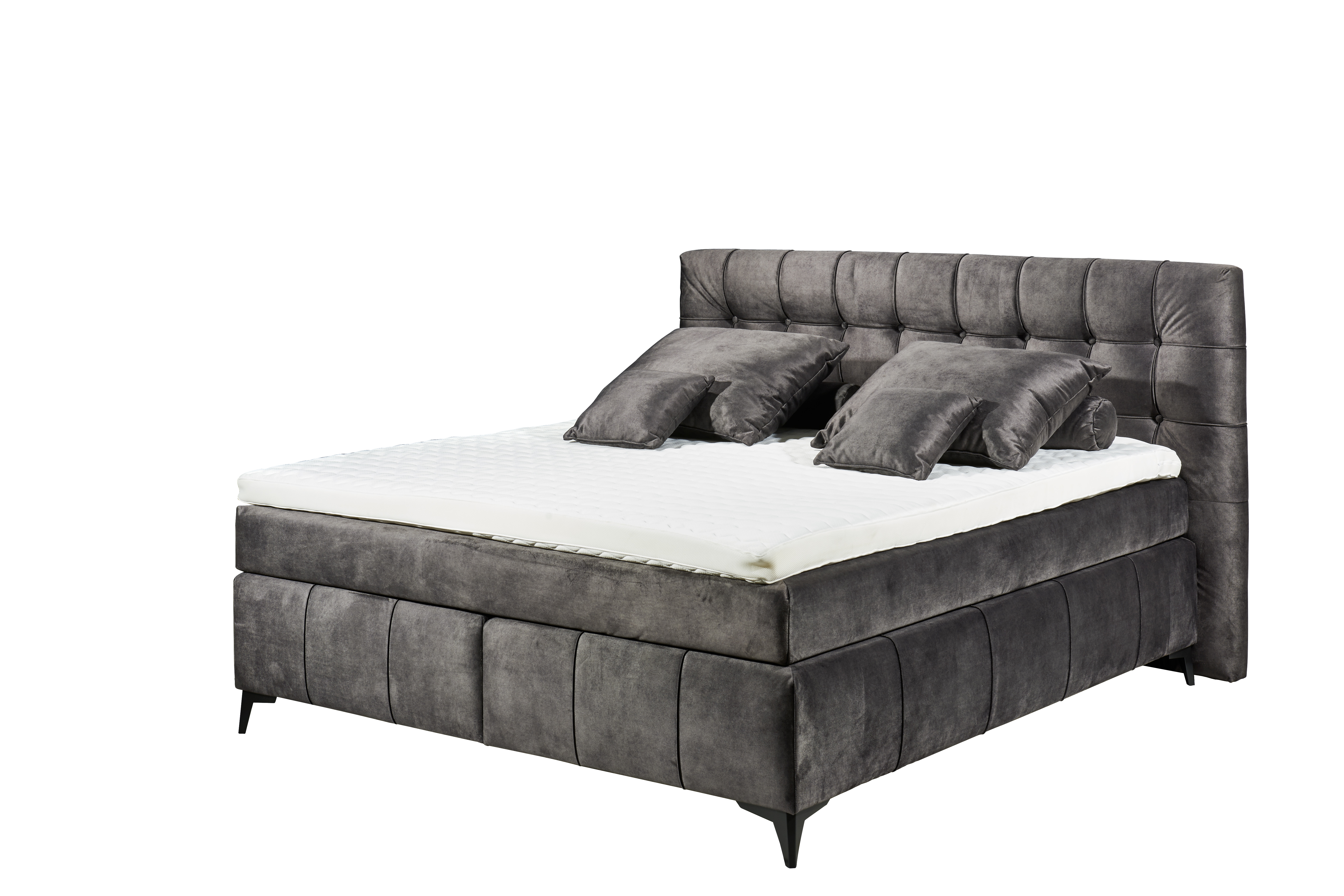 Boxspringbett „Salvador 04 Espresso“ mit 7-Zonen-Tonnentaschenfederkern-Matratze, HR-30-Topper und Kunststofffüßen, Liegefläche 180x200 cm, aus schräger Perspektive fotografiert, dekoriert mit Kissen