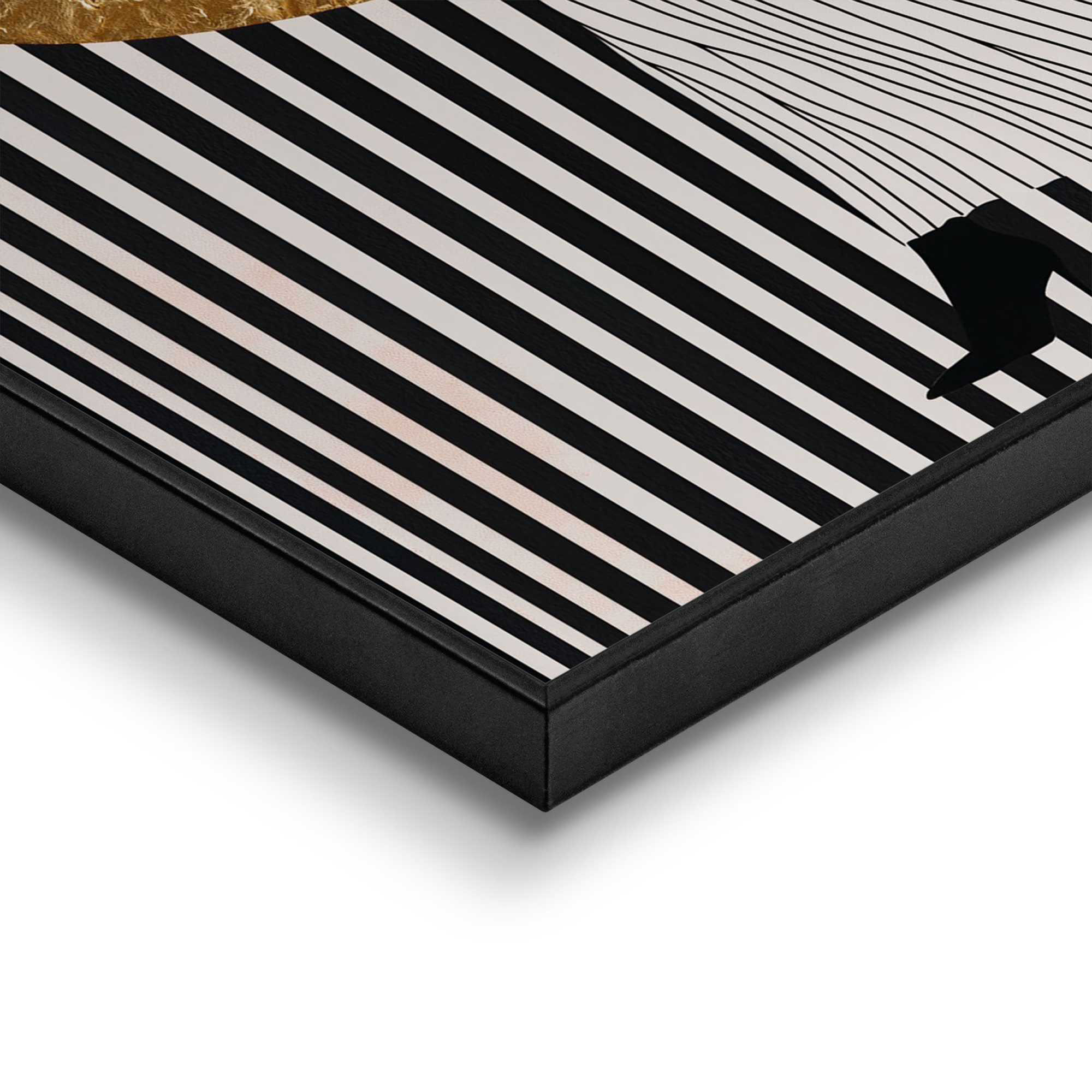 Detailaufnahme einer Ecke des Wandbilds „Walking Lady Stripes“, 30 × 40 cm; Oberfläche, Kante und Materialstärke sind sichtbar.