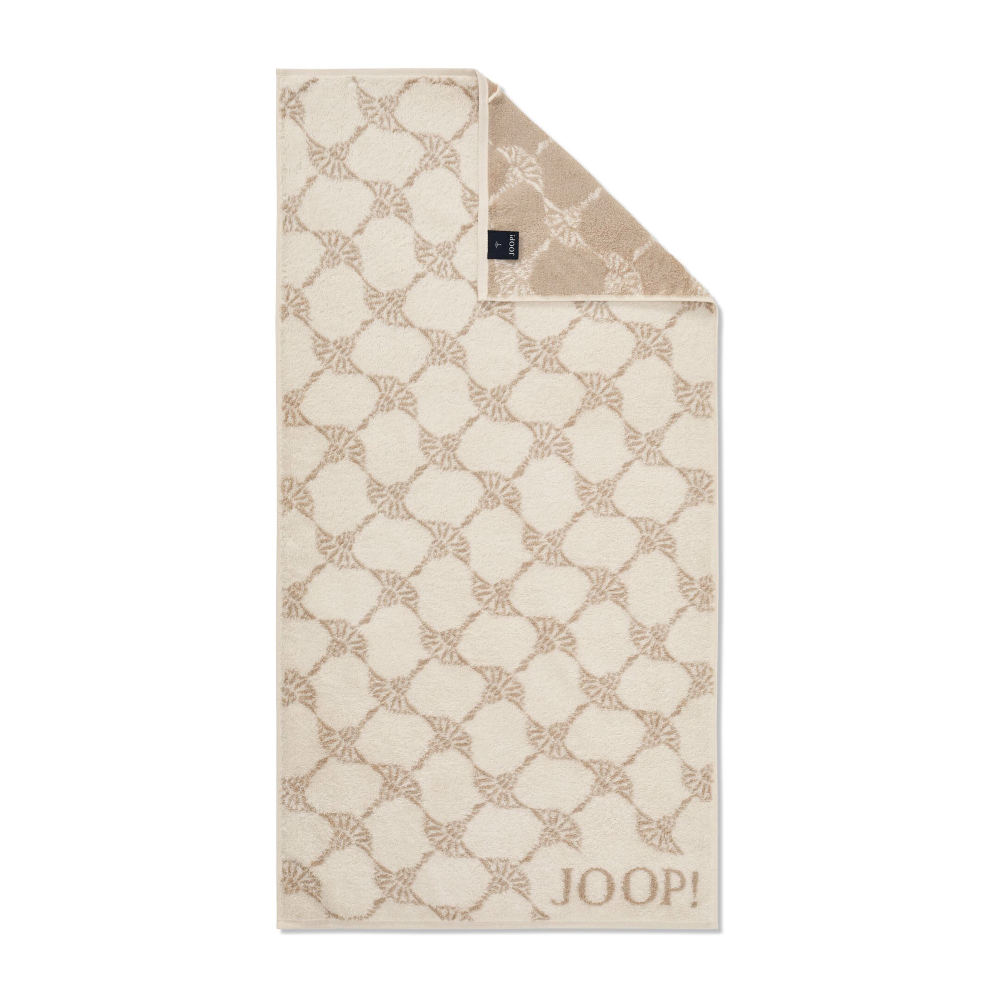 Cremefarbener JOOP! Cornflower Handtuch, 50 × 100 cm, flach dargestellt mit wiederholtem Cornflower-Muster, umgeschlagener Ecke und JOOP!-Schriftzug unten.