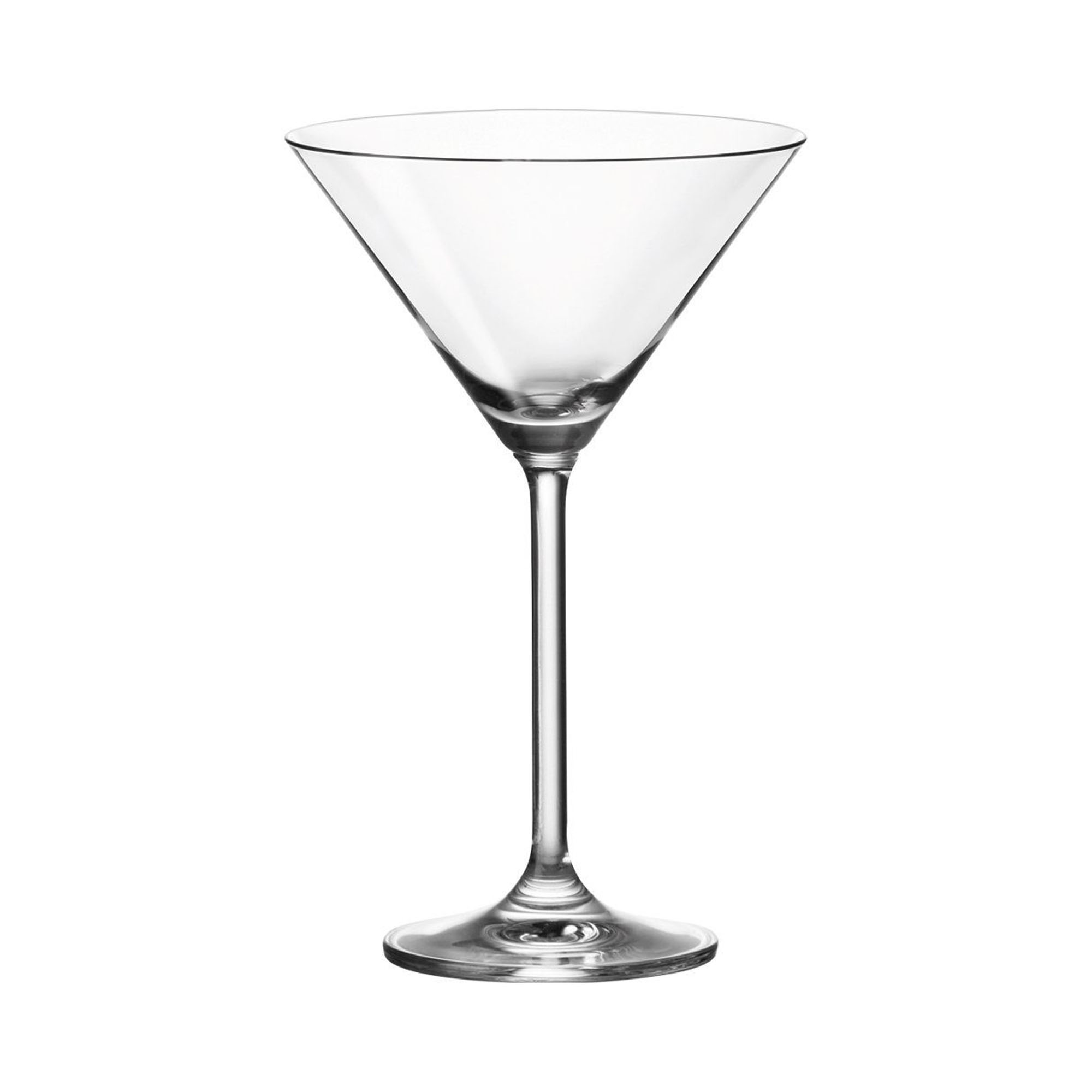 Leeres Martiniglas aus transparentem Glas mit konischer Form und langem Stiel vor hellem Hintergrund