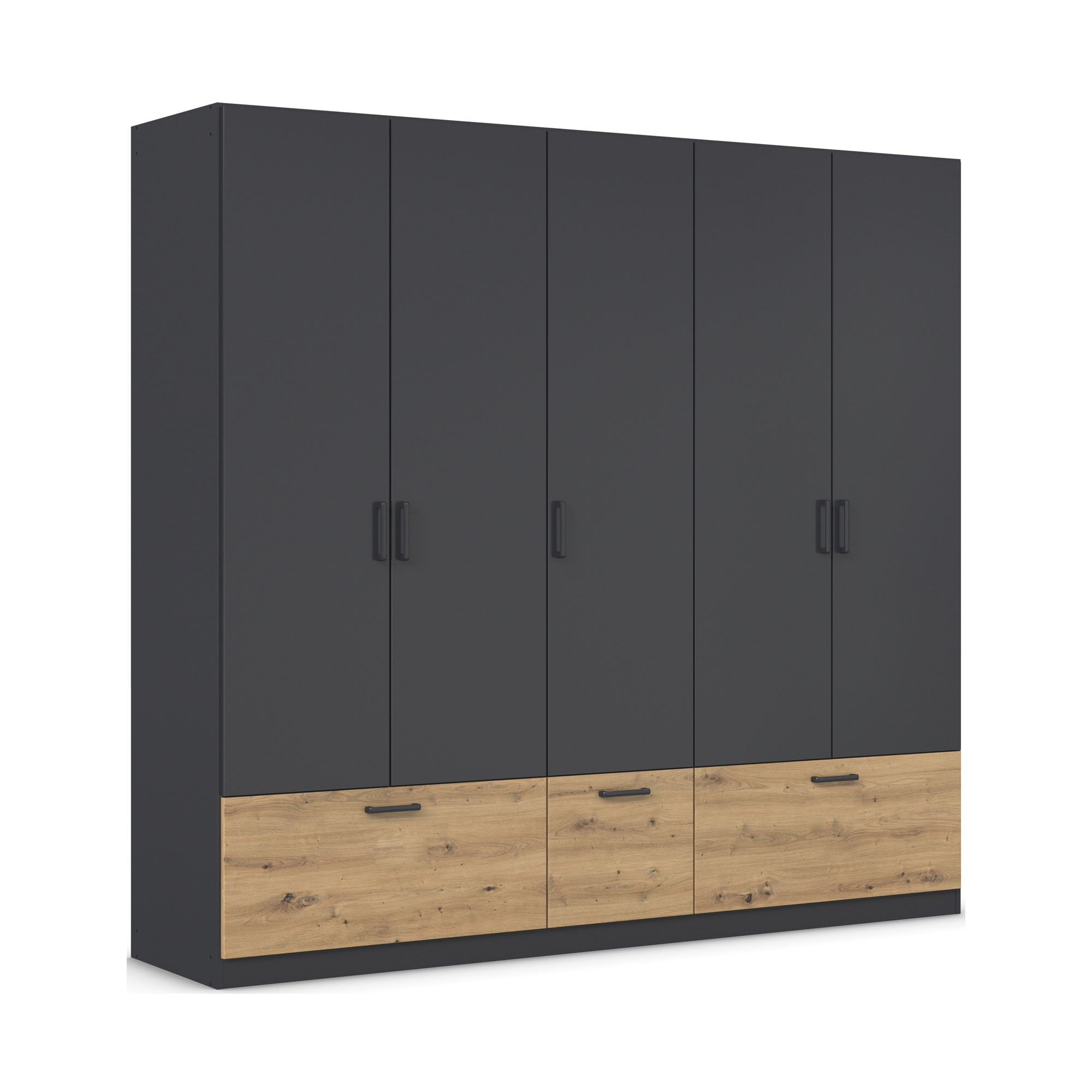 Drehtürenschrank mit Korpus in Schwarz-Grau und Front in Schwarz-Grau, unten mit Holzabsetzung, in Schrägansicht dargestellt.