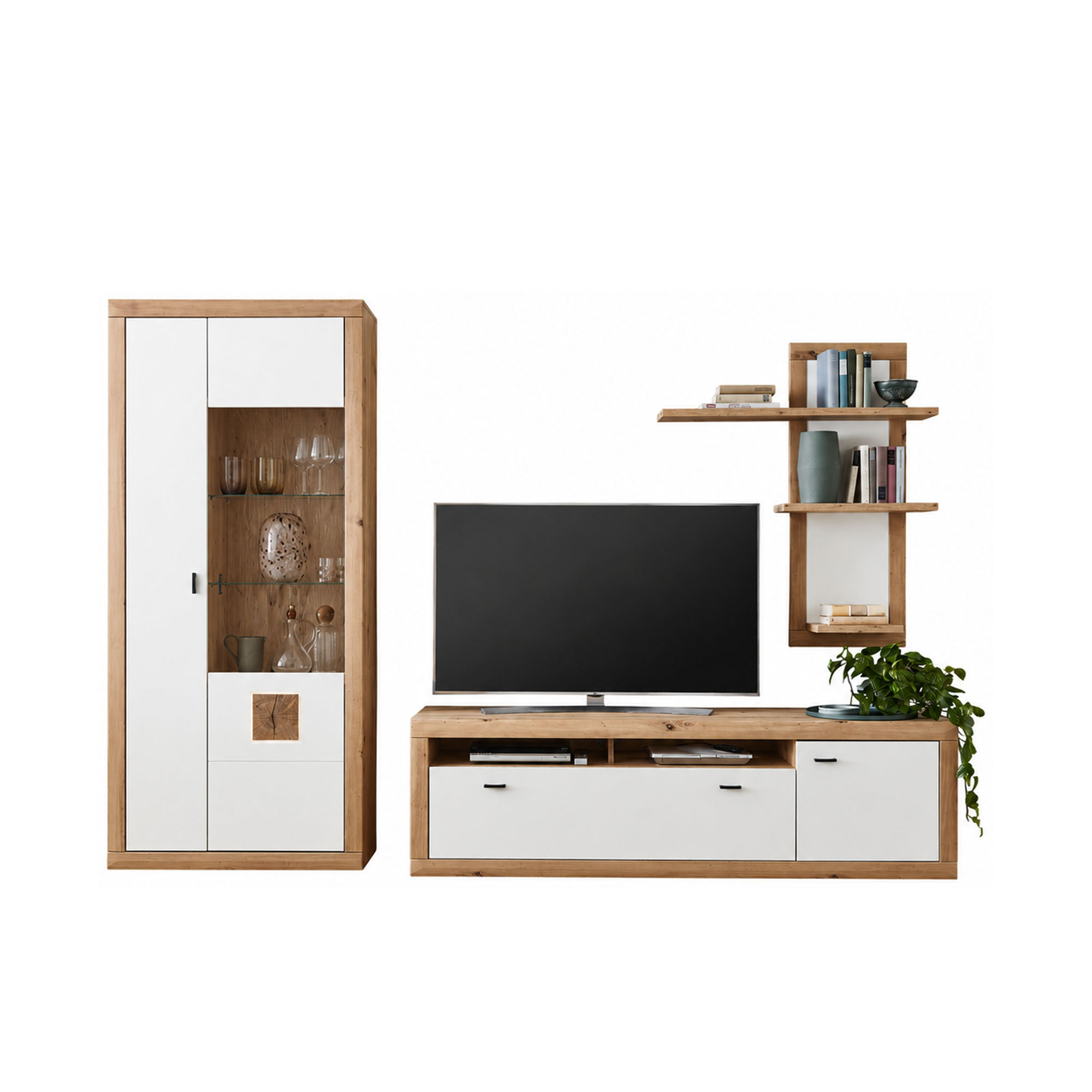 Moderne Wohnkombination mit Lowboard, Vitrine, Hängeschrank und Wandregalen in Holzoptik und Weiß vor neutralem Hintergrund