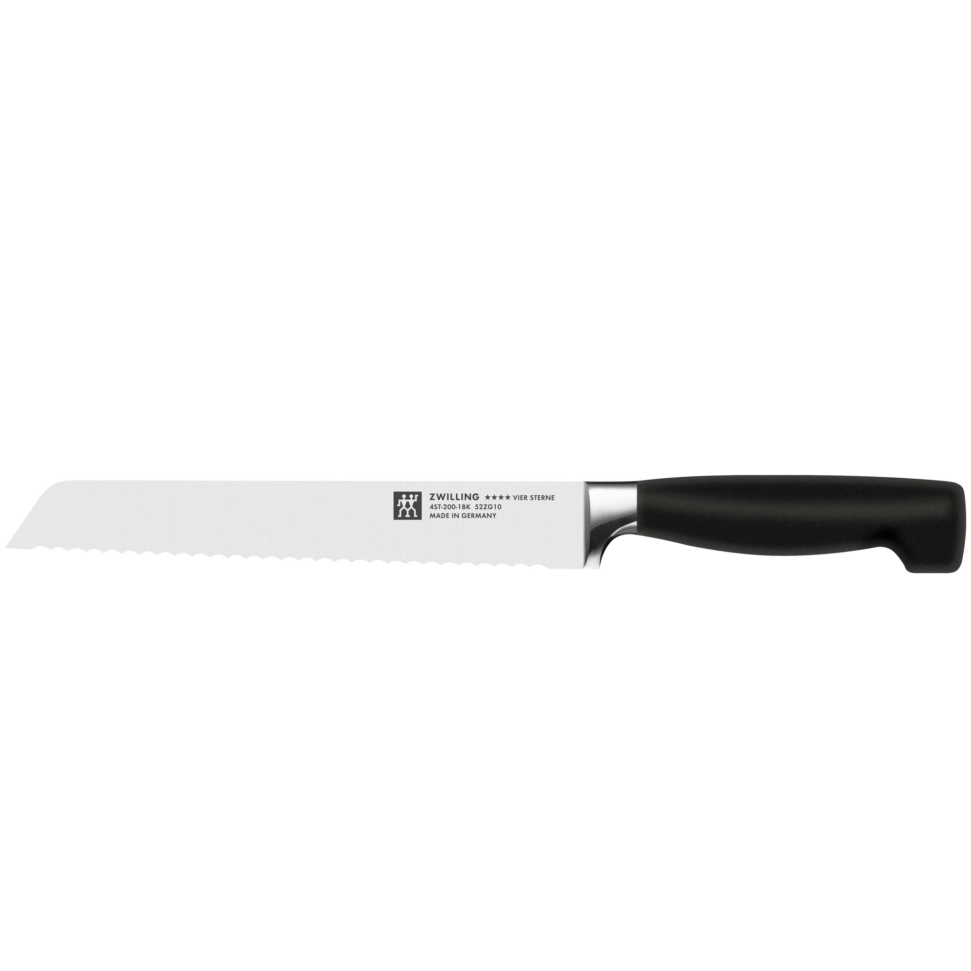 Brotmesser mit gezahnter Klinge und schwarzem Griff, Serie Vier Sterne von ZWILLING, Klingenlänge 200 mm, freigestellt auf weißem Hintergrund.