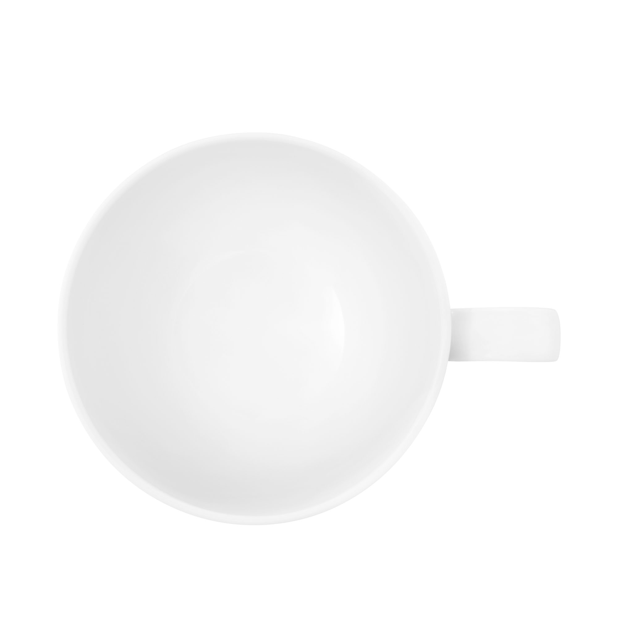 Tasse in Weiß; niedrige geradlinige Form mit eckigem Henkel. Ansicht: Draufsicht.