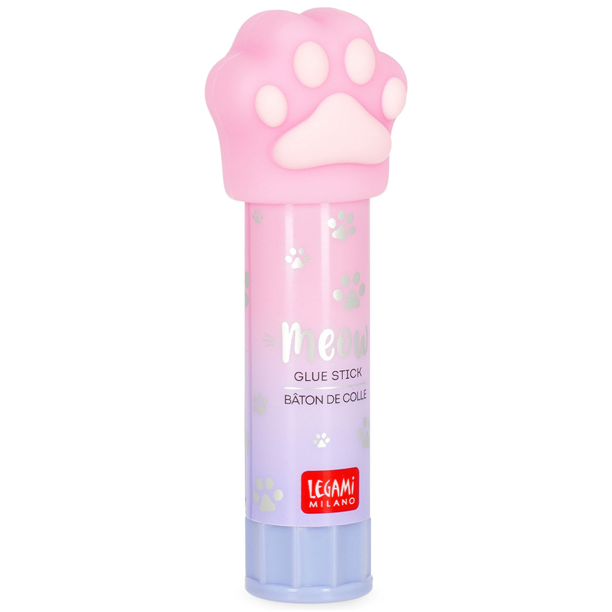 Rosa Klebestift mit Katzenpfoten-Kappe, senkrecht in leichter Schrägansicht gezeigt.