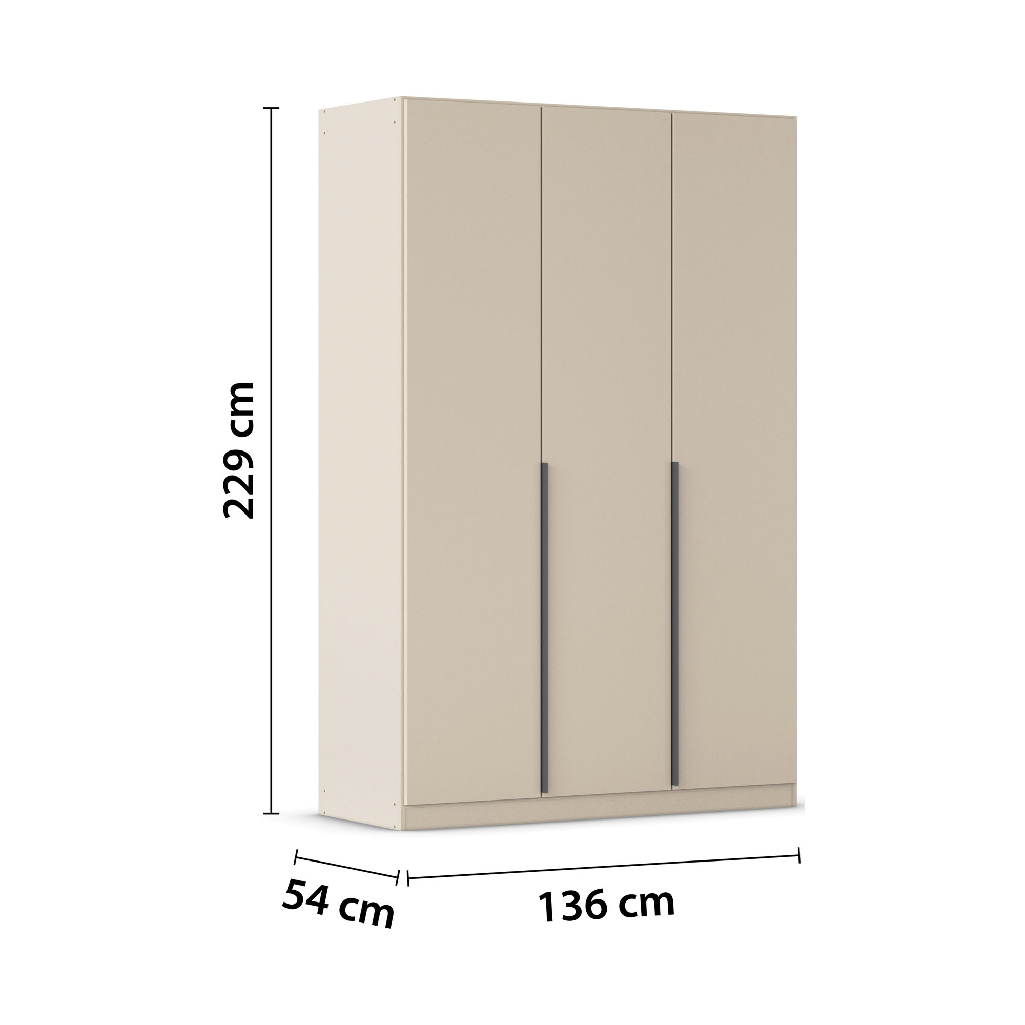 Champagnerfarbener 3-türiger Kleiderschrank mit Maßangaben Breite 136 cm, Höhe 229 cm und Tiefe 54 cm