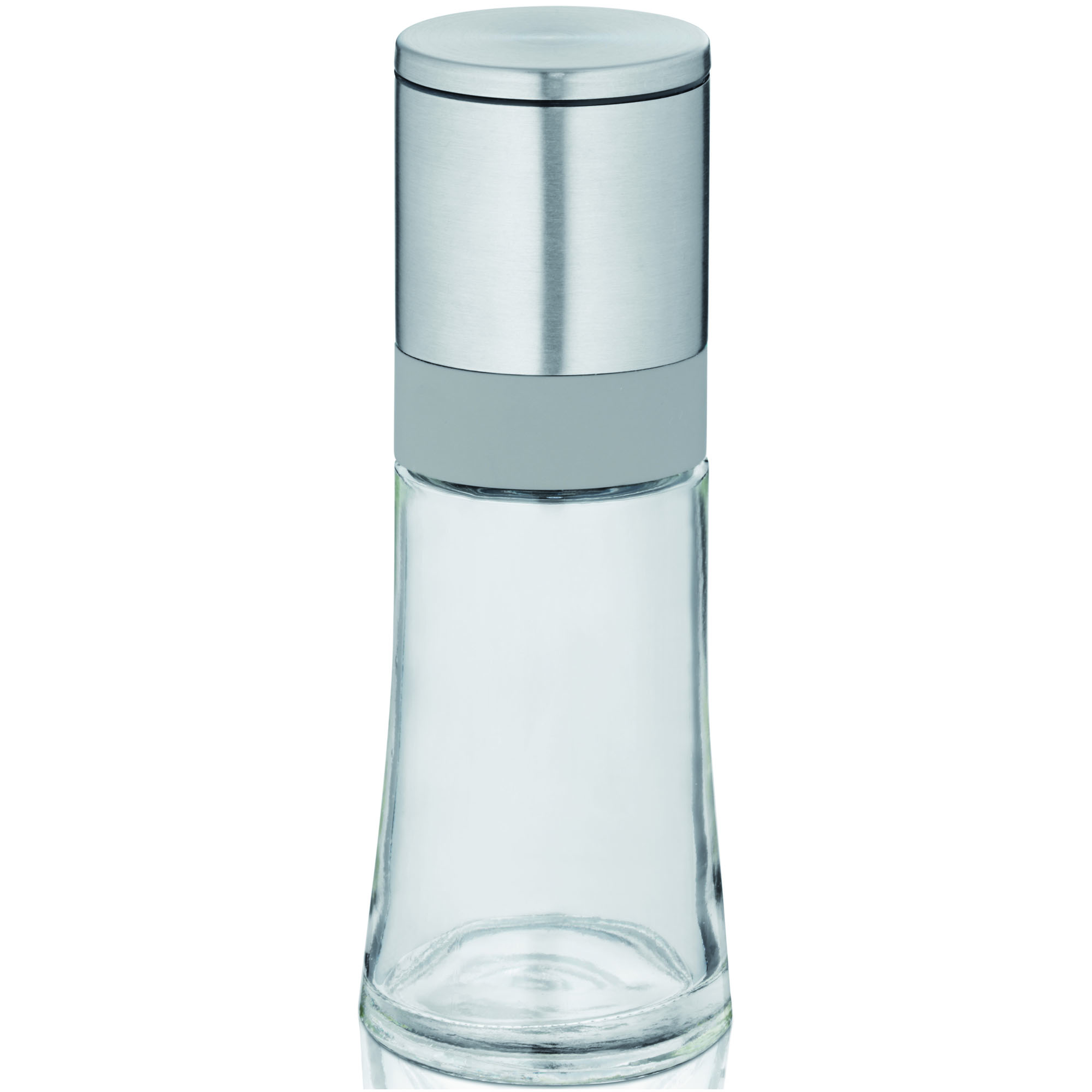 Hohe transparente Salz und Pfeffermühle mit schmalem Glasbehälter grauem Ring und silberfarbenem Mahlkopf