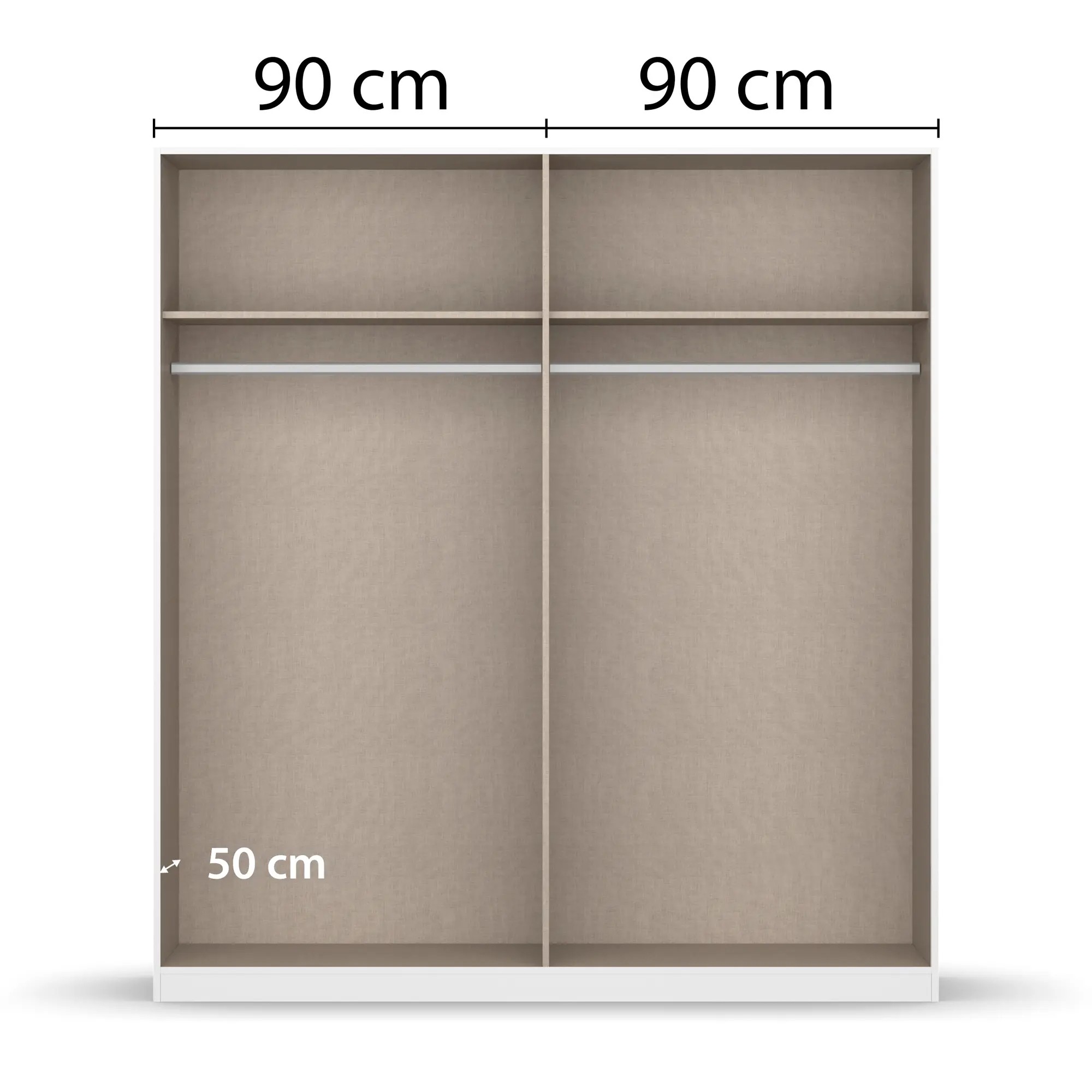 Innenansicht eines 4-türigen Kleiderschranks mit zwei großen Fächern, Kleiderstangen und Einlegeböden, jeweils 90 cm breit