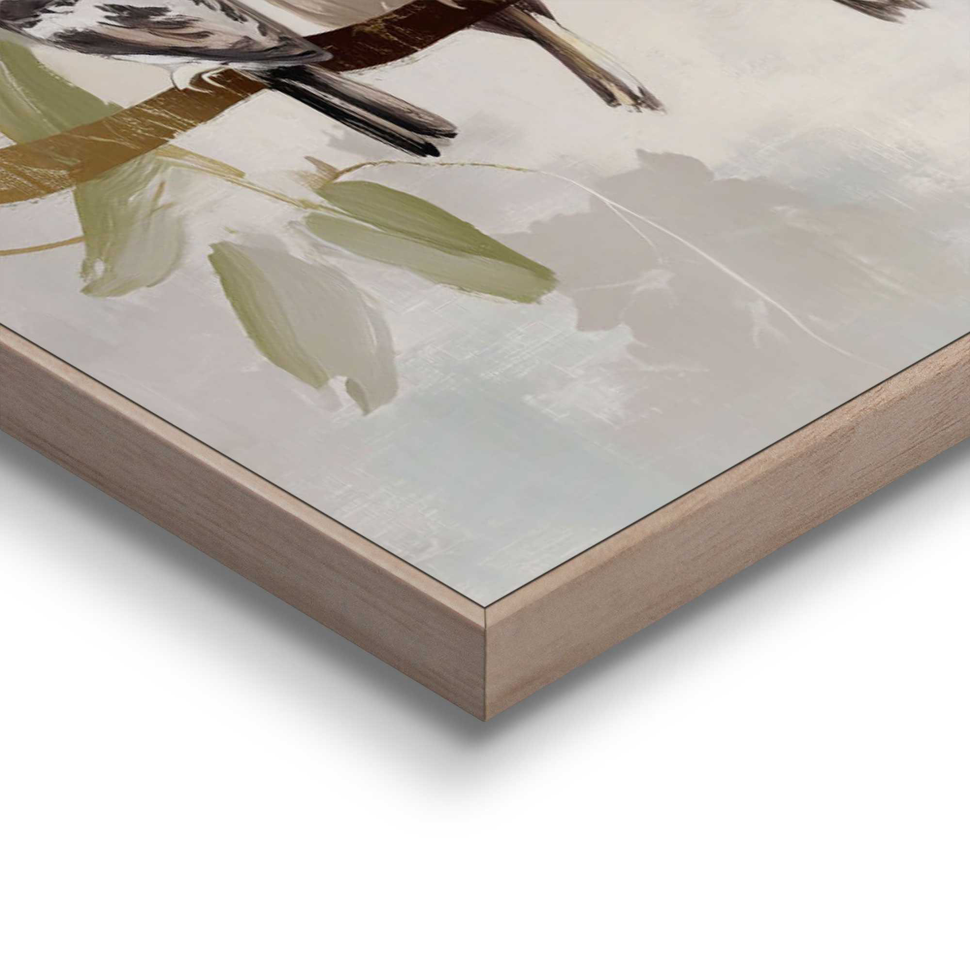 Detailaufnahme einer Ecke des Wandbilds „Botanical Birdies“, 20 × 30 cm; Oberfläche, Kante und Materialstärke sind sichtbar.