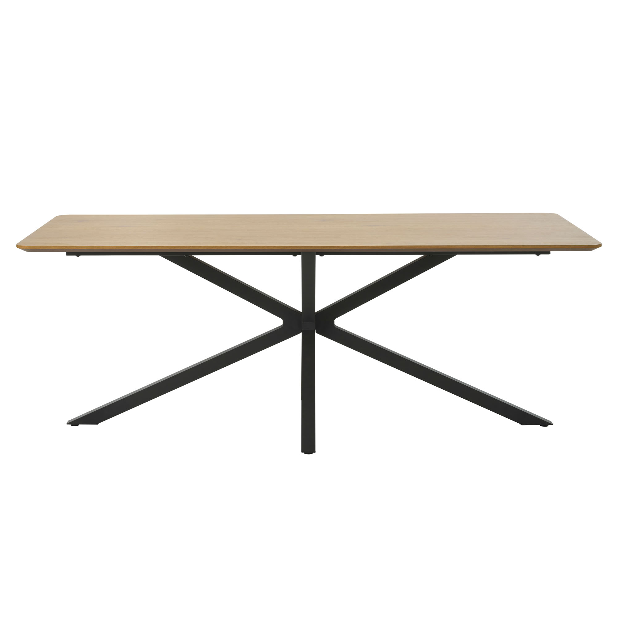 Rechteckiger Tisch mit heller Holzplatte und schwarzem Metallgestell, frontal aufgenommen.