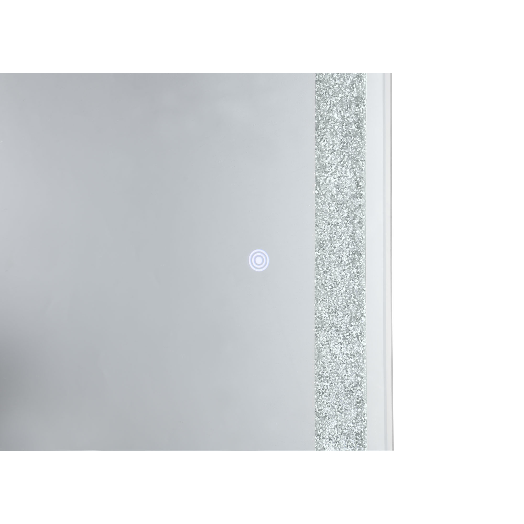 LED-Standspiegel Hermine mit Glitzereffekt, als weitere Nahaufnahme der Spiegelfläche und der runden Bedienmarkierung; Maße ca. 40 x 160 x 4,5 cm.
