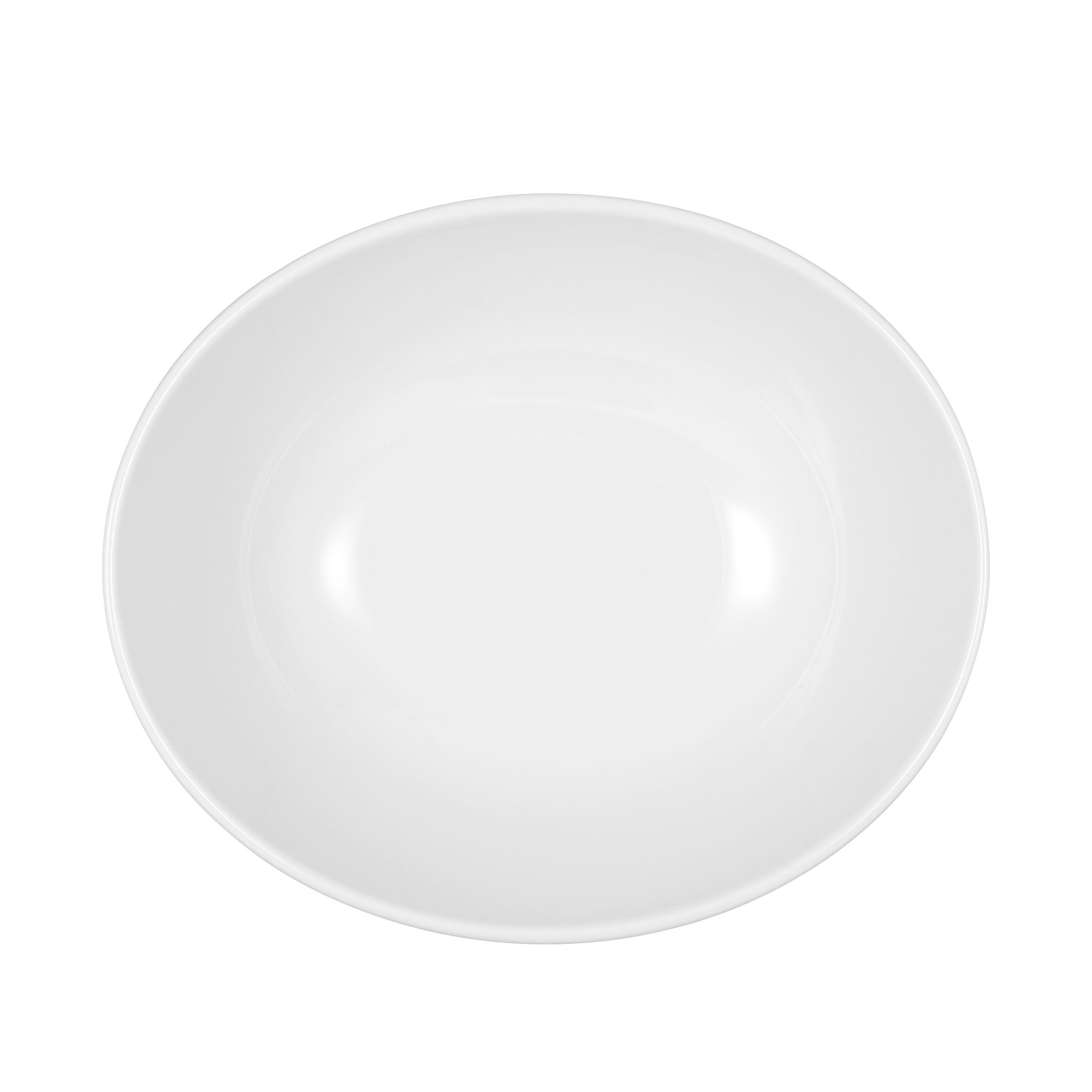 Schale in Weiß; Draufsicht. Sichtbare Gestaltung: oval mit geschwungenen Seiten und flachem Fuß.