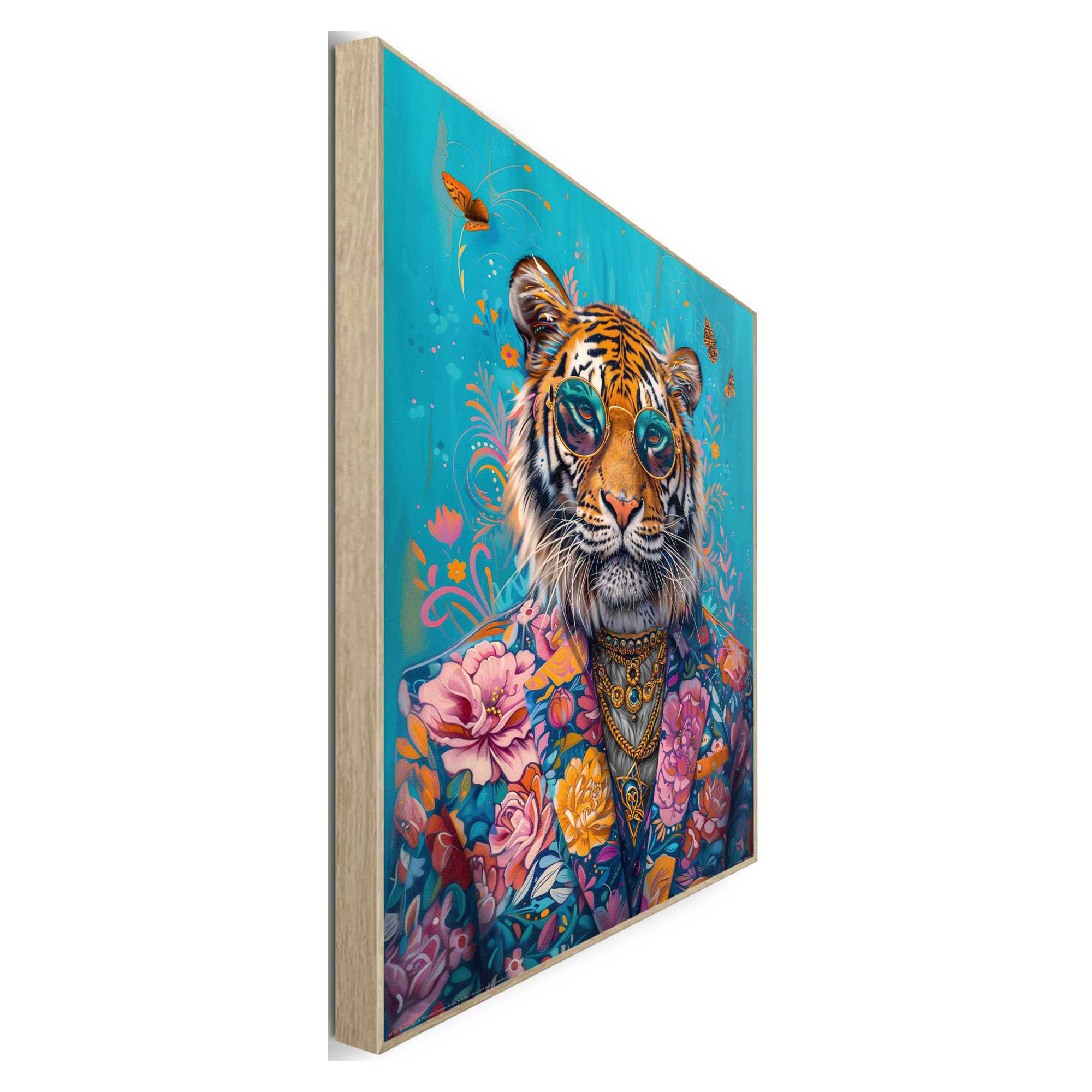 Seitliche Schrägansicht des Wandbilds „Dressed Tiger“, 50 × 40 cm; Profil, Kante und Tiefe des Bildes sind erkennbar.