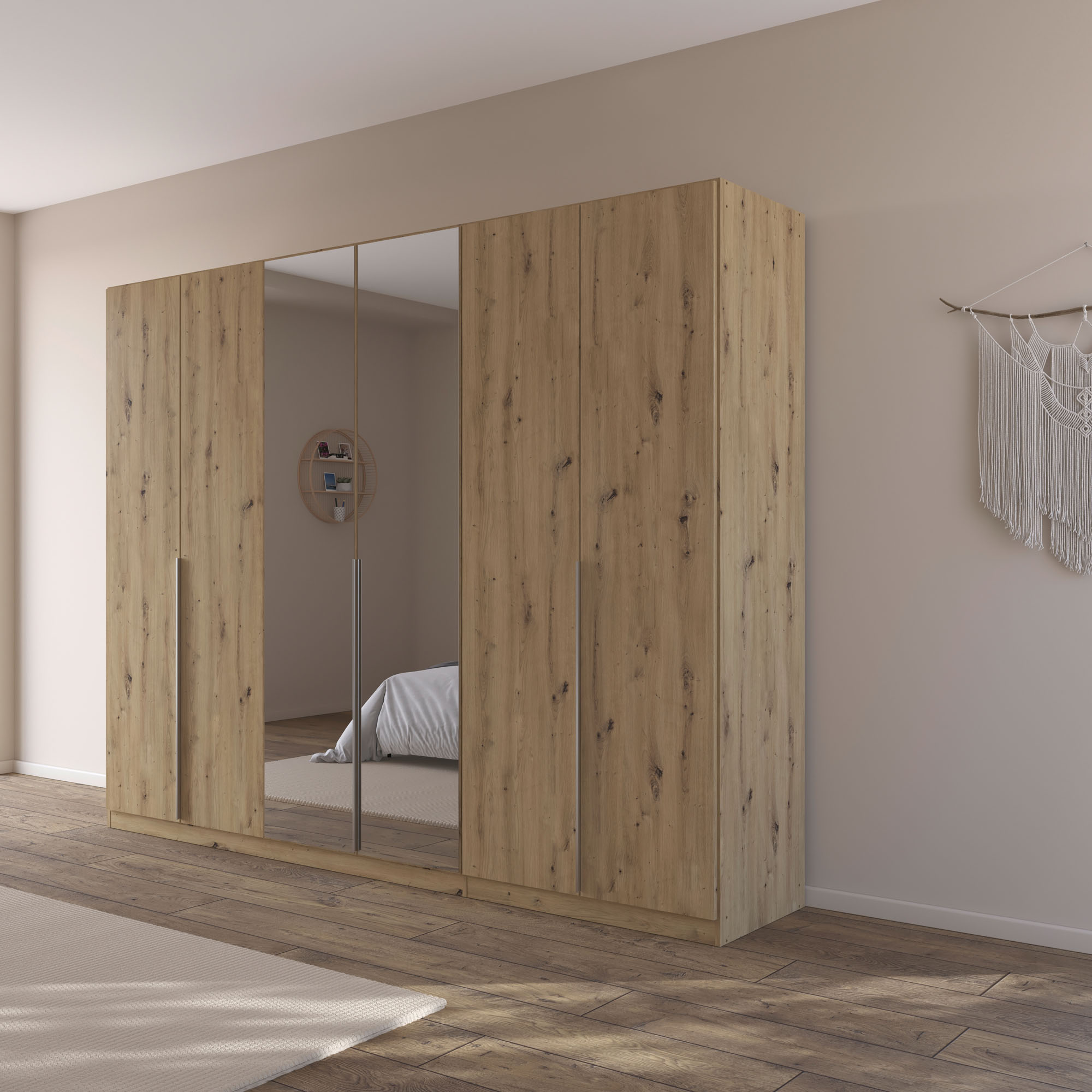 Kleiderschrank in Eiche Artisan mit Spiegeltüren in einem hellen Schlafzimmer mit Holzfußboden und moderner Einrichtung
