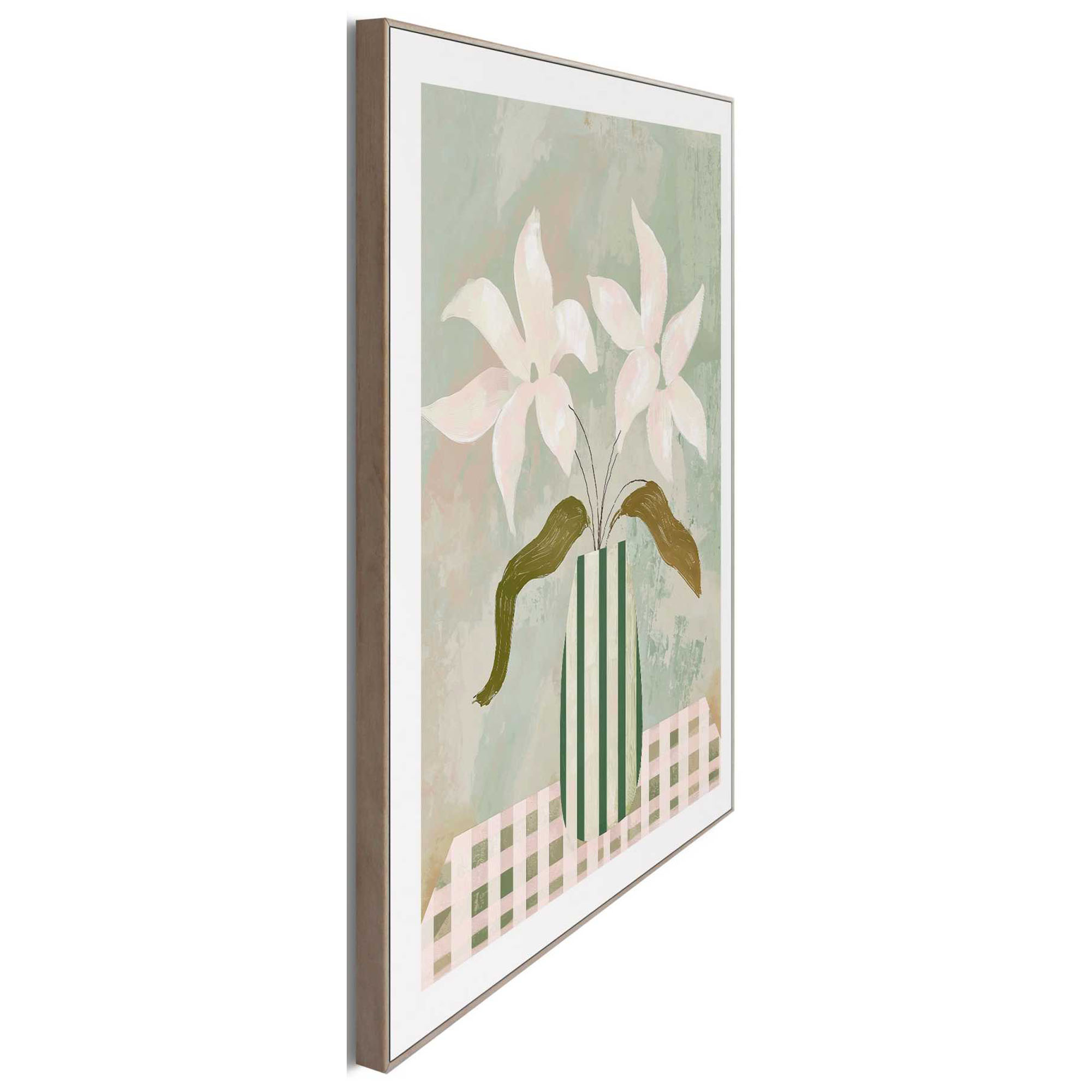 Seitliche Schrägansicht des Wandbilds „Table Flowers“, 40 × 50 cm; Profil, Kante und Tiefe des Bildes sind erkennbar.