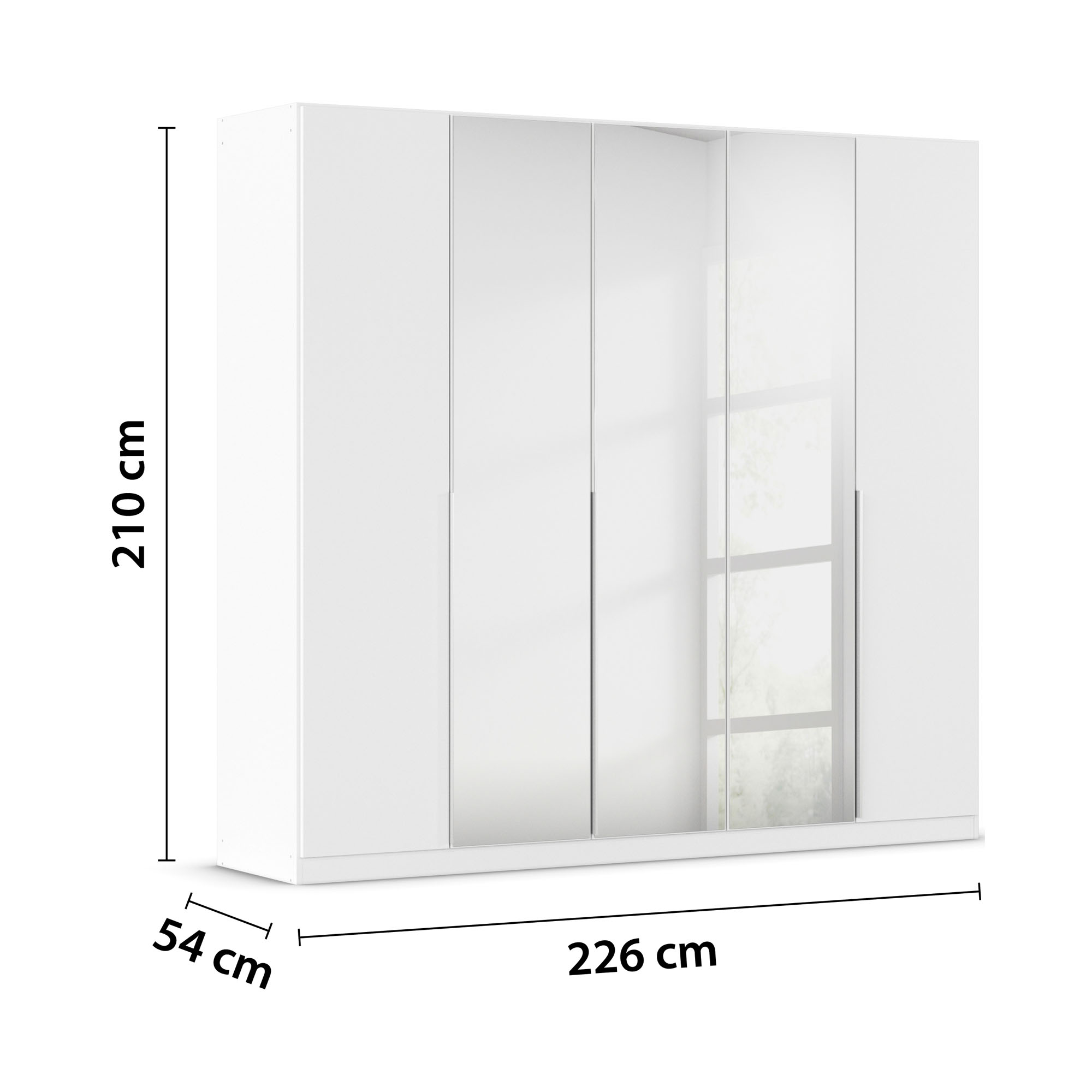 Weißer Kleiderschrank mit eingezeichneten Maßen von 226 cm Breite, 210 cm Höhe und 54 cm Tiefe