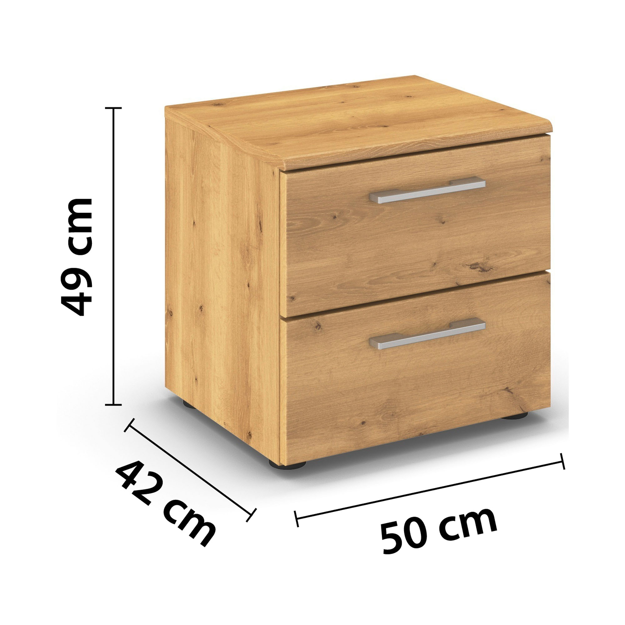 Nachttisch in Eicheoptik mit eingezeichneten Maßen Höhe 49 cm, Breite 50 cm, Tiefe 42 cm